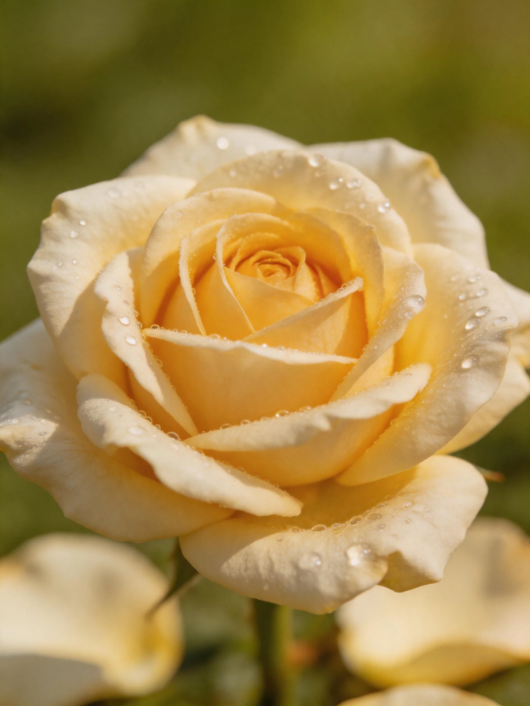 A close - up of a pale yellow rose with dewdrops