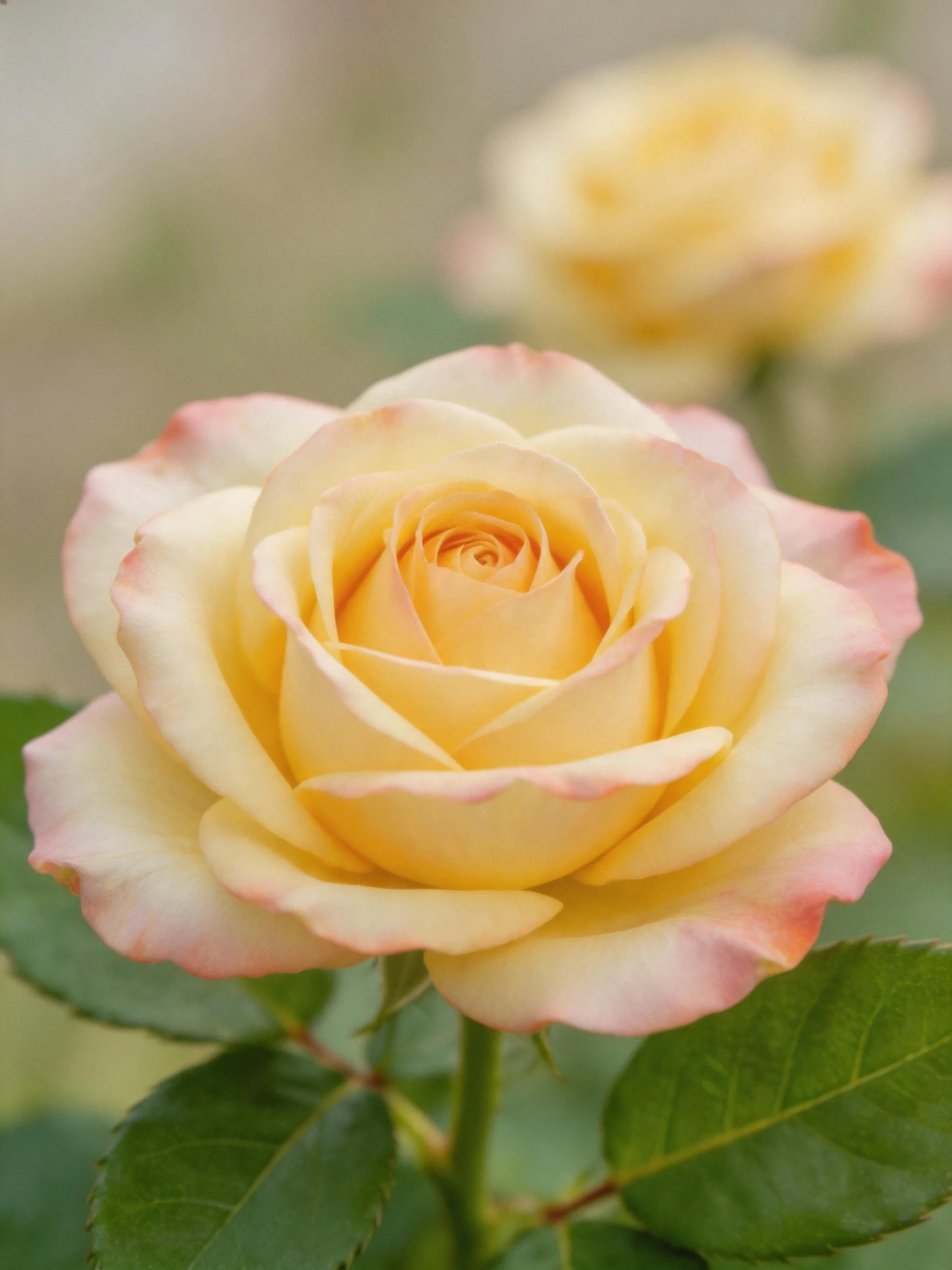 A close - up of a pale yellow rose with pink - edged petals