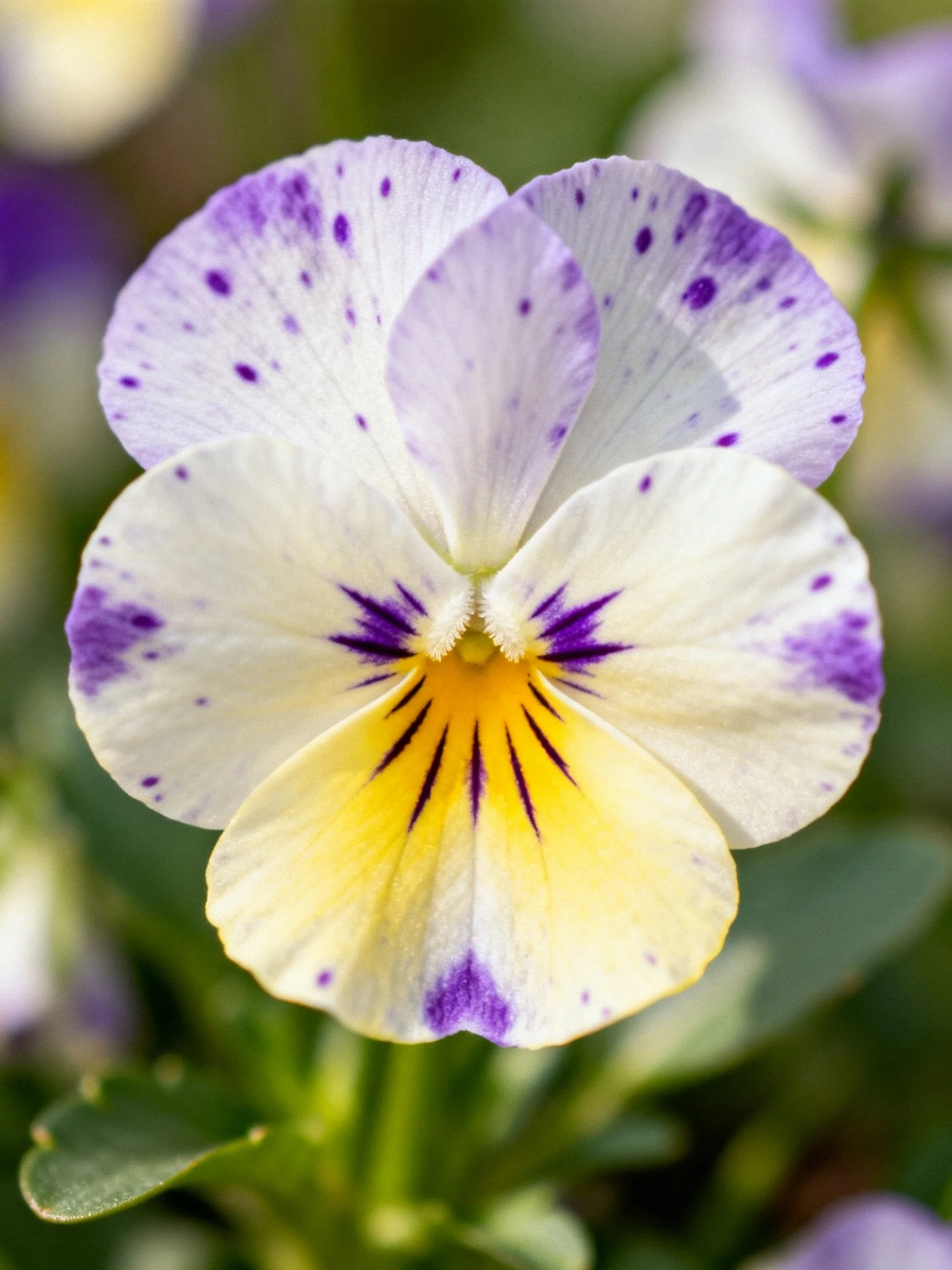 A close - up of a pansy with purple - speckled white petals and a yellow center