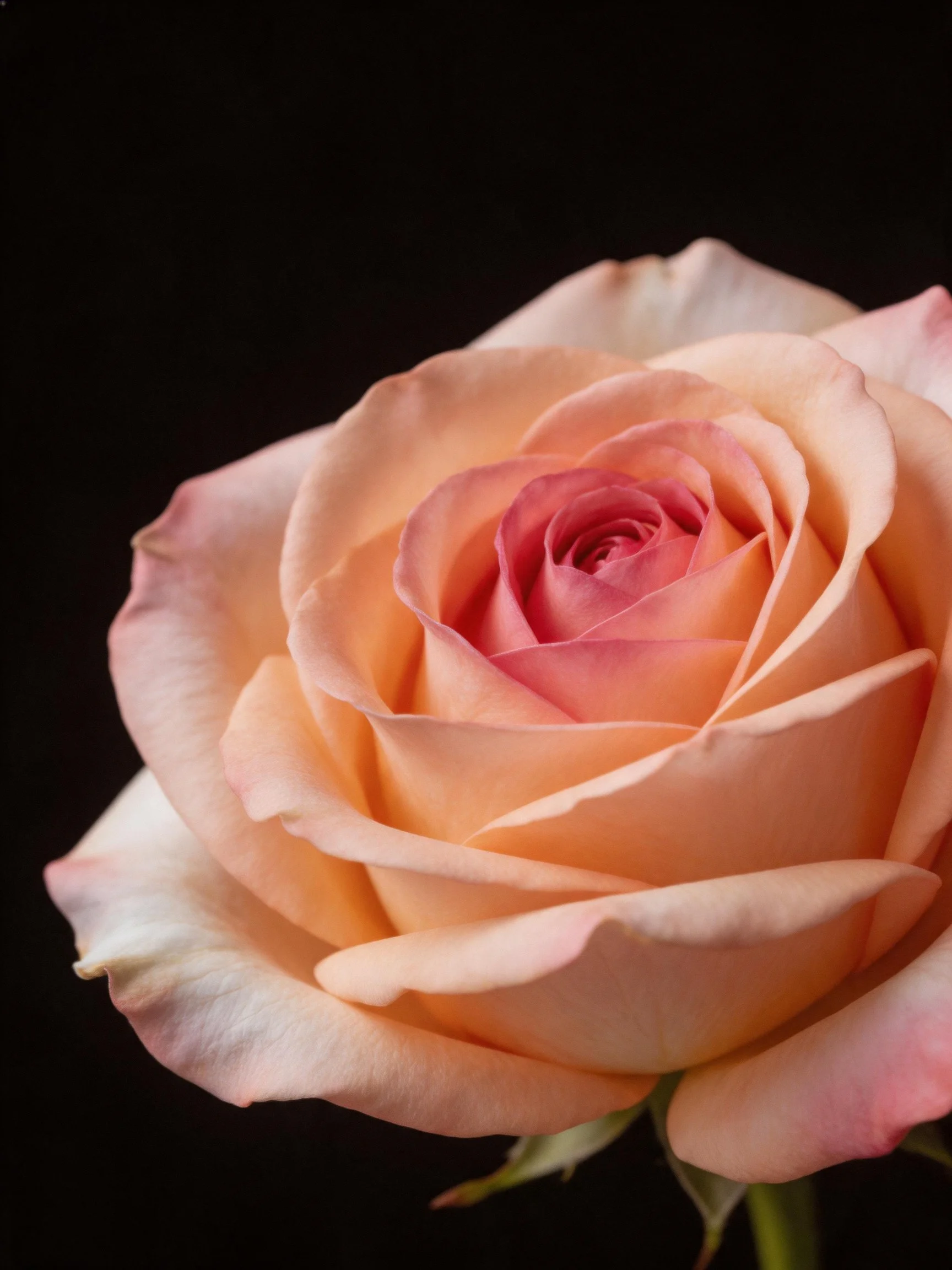 A close-up of a peach and pink rose with layered petals