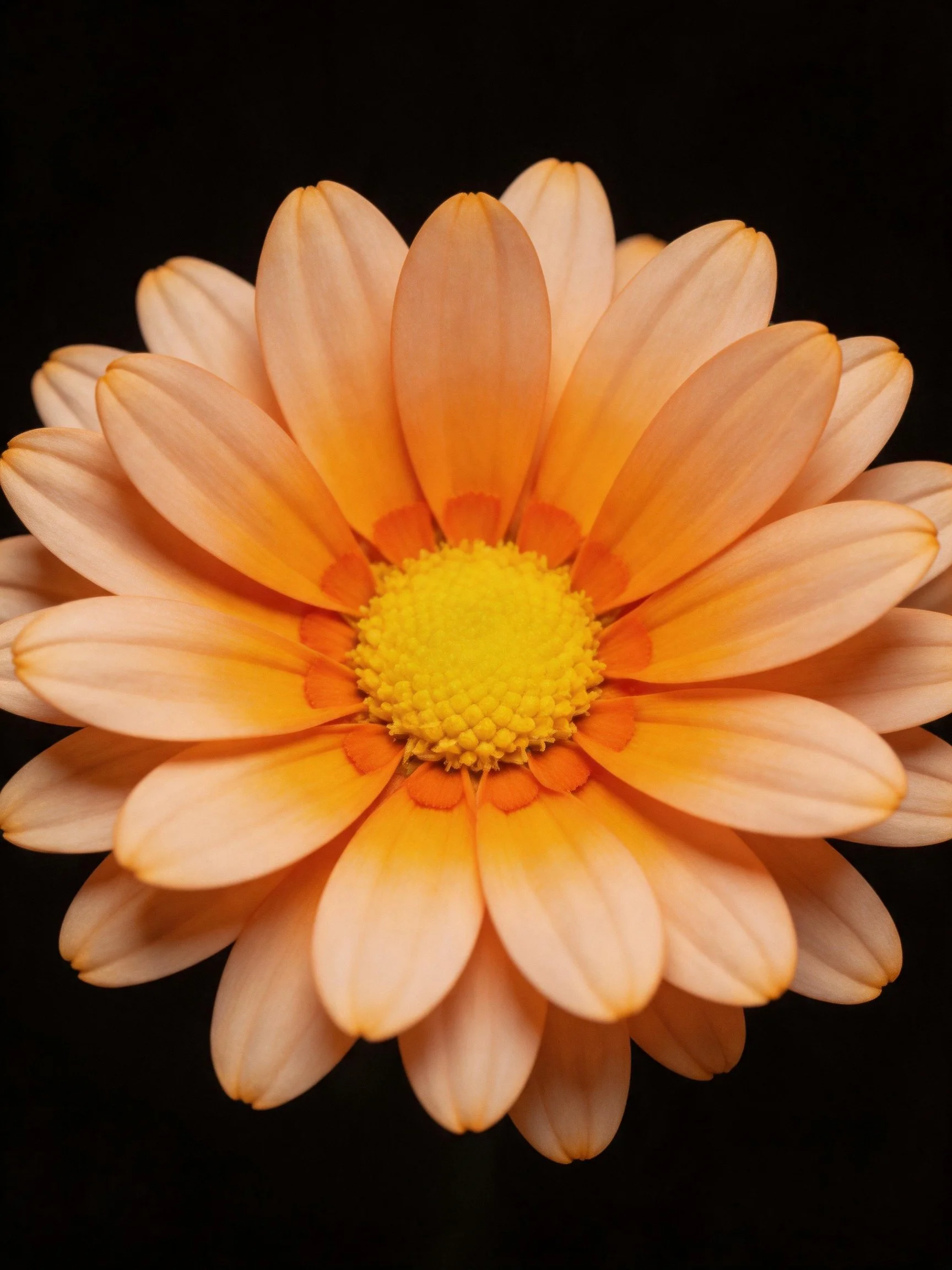 A close - up of a peach - orange daisy with a bright yellow center