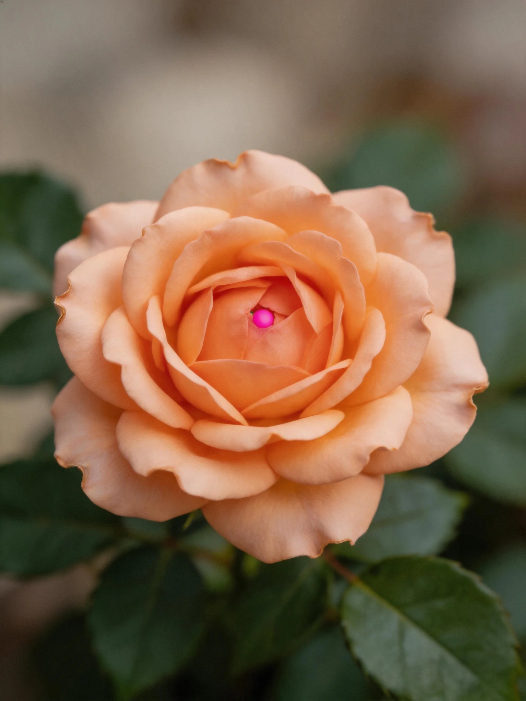 A close - up of a peach rose with dark green foliage