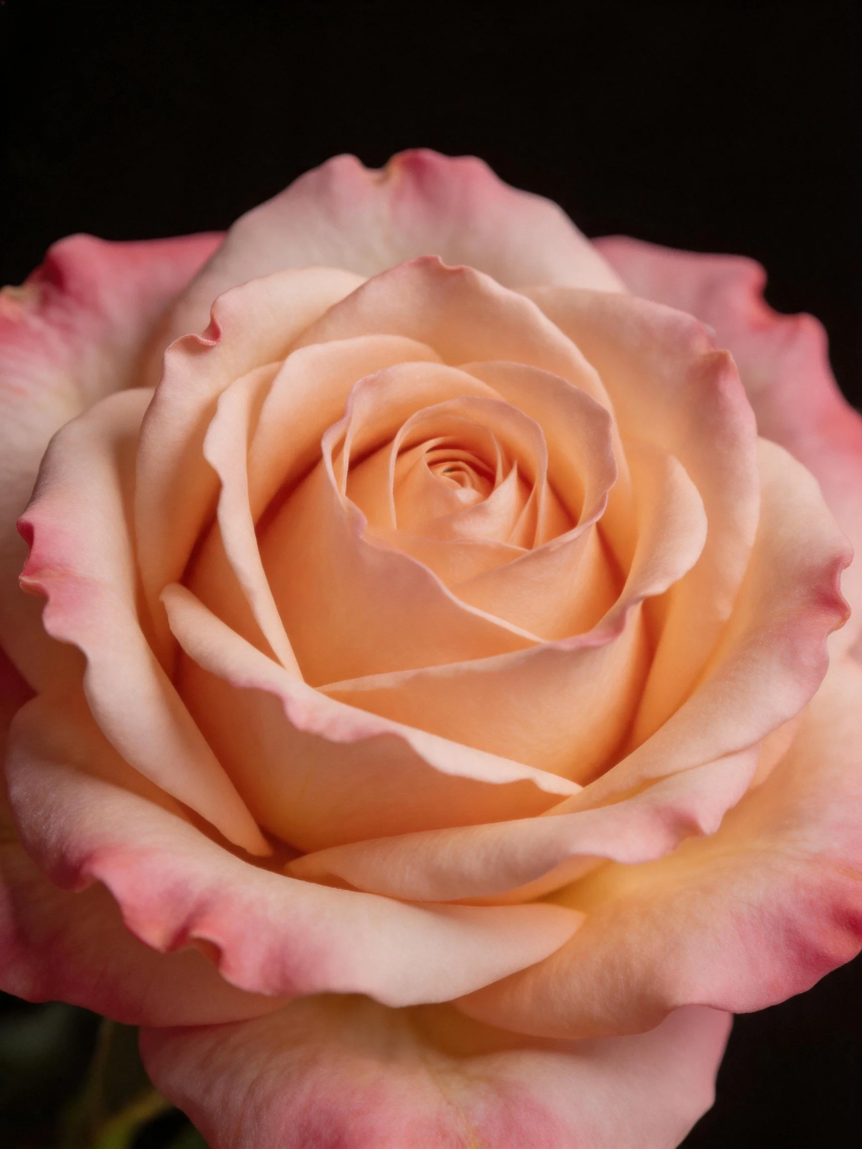 A close - up of a pink and peach rose with layered petals
