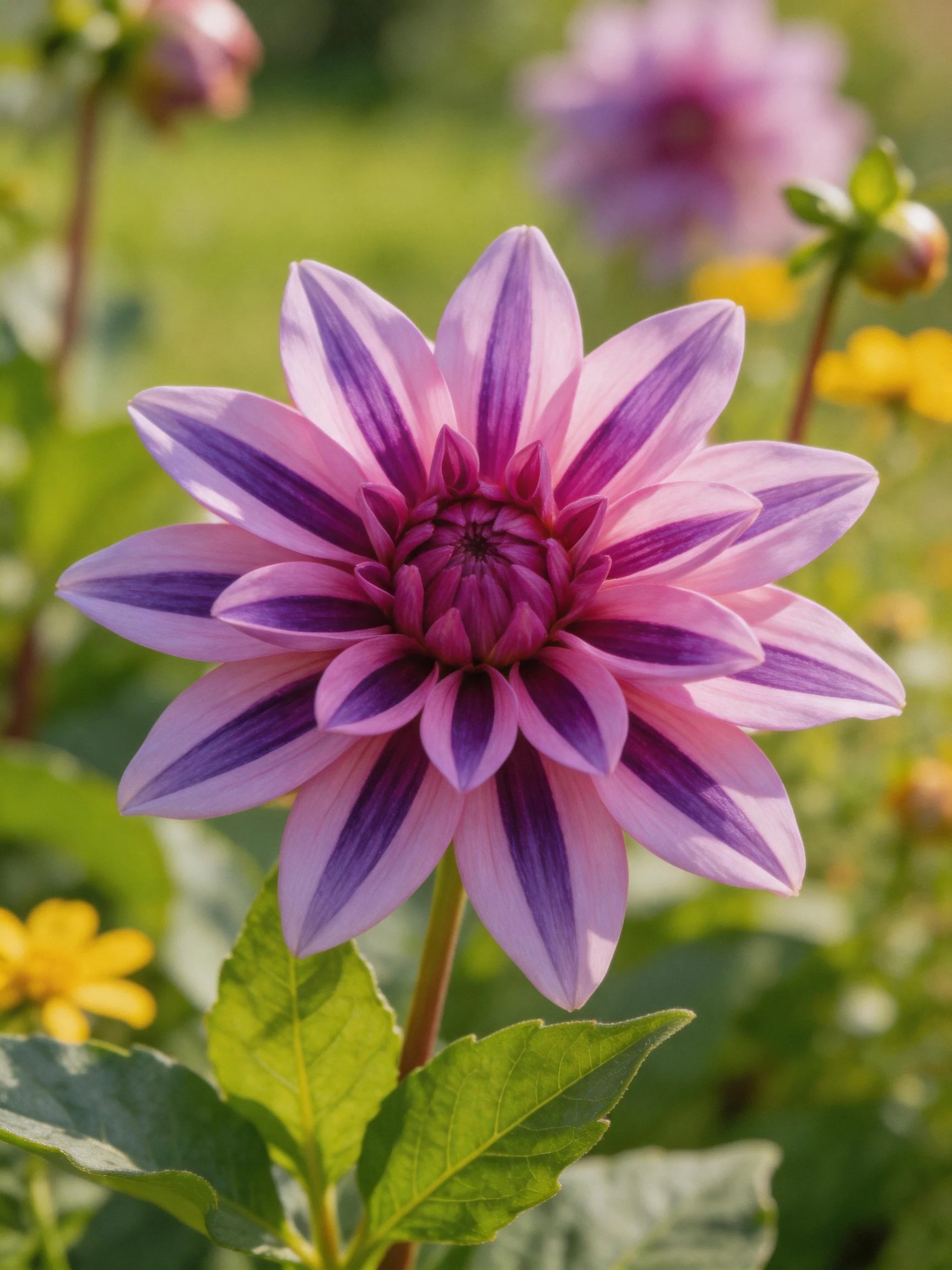 A close-up of a pink and purple striped dahlia flower