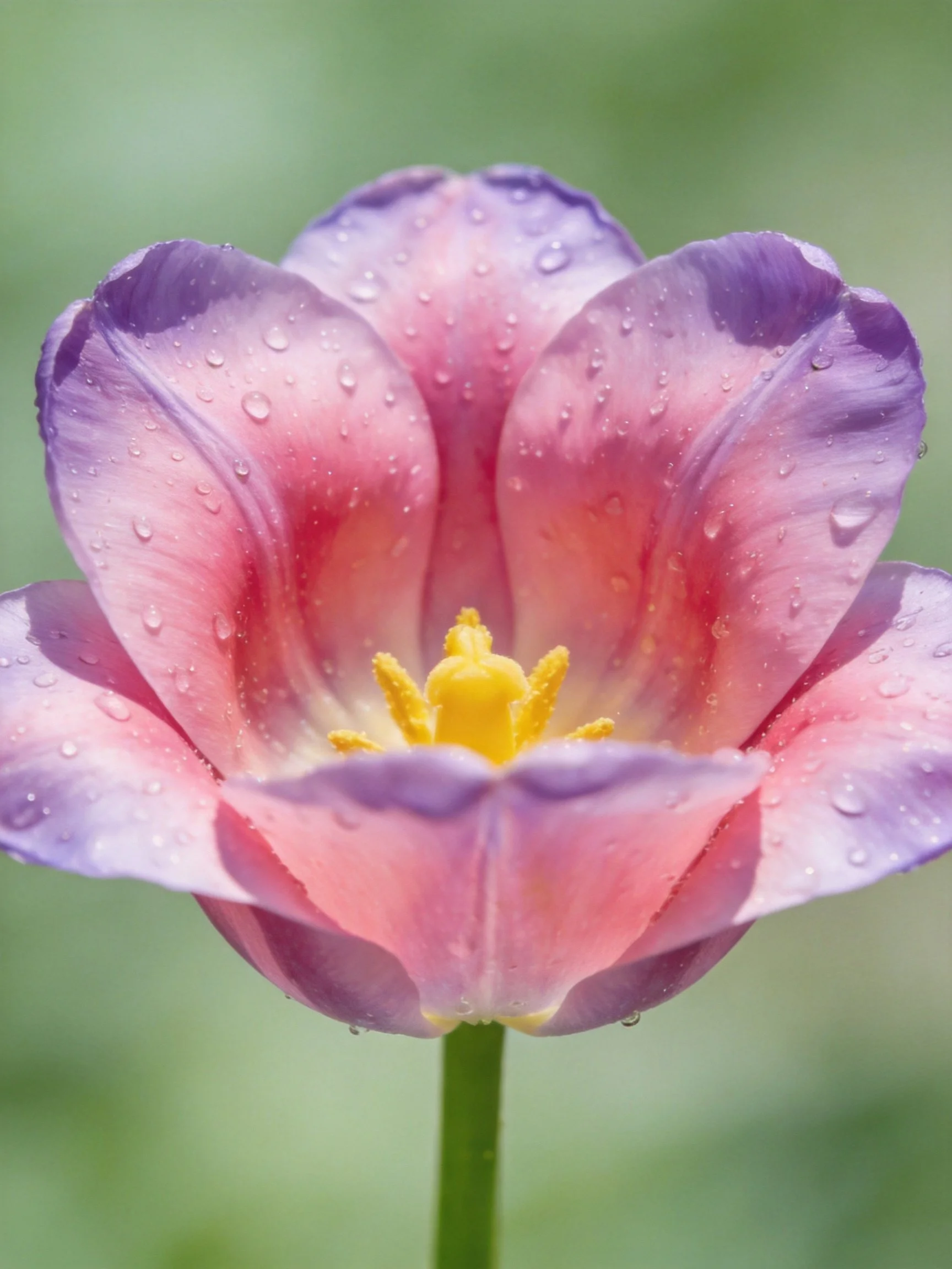 A close - up of a pink and purple tulip with water droplets