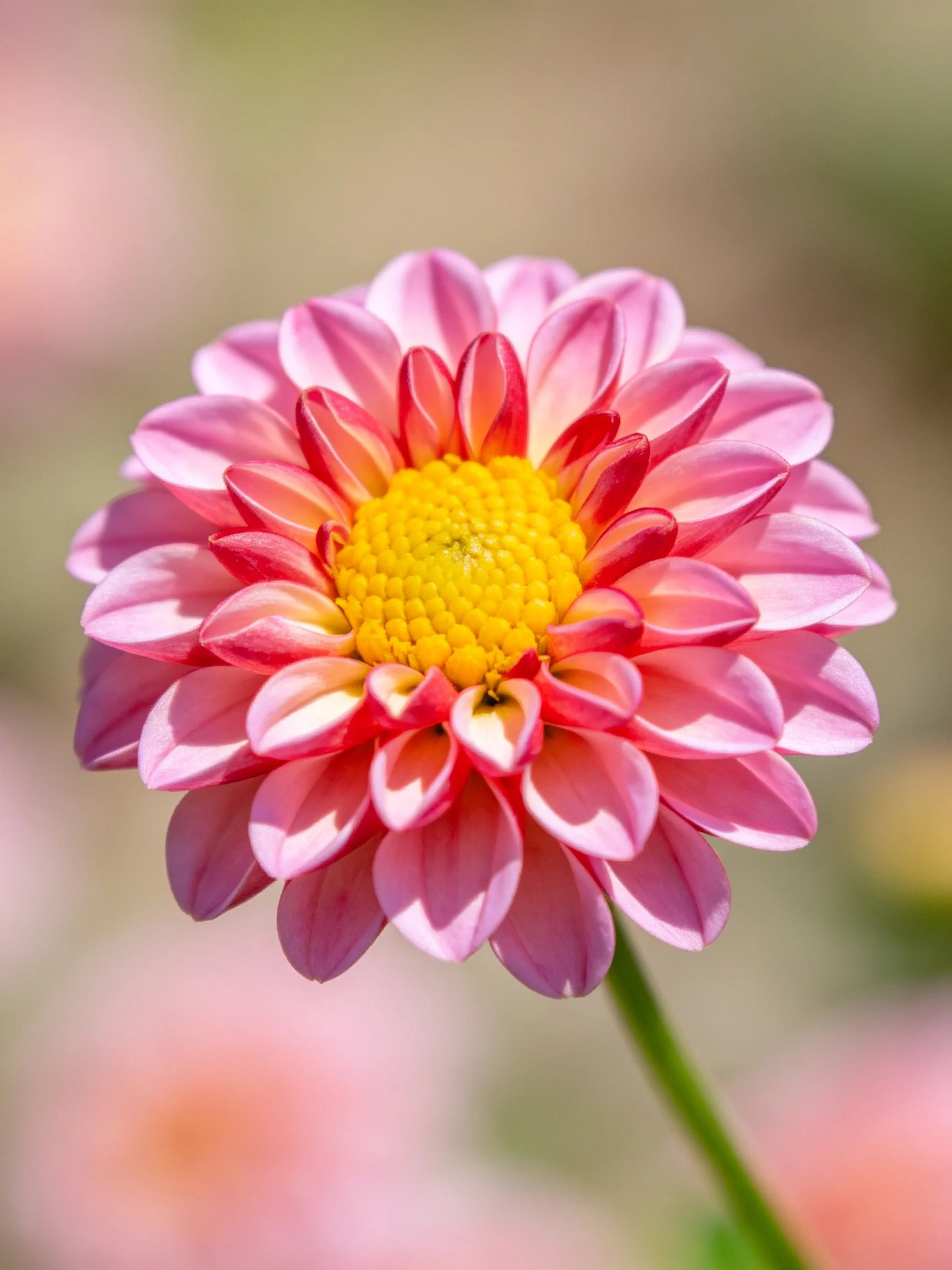 A close-up of a pink and red dahlia with layered petals and a yellow center