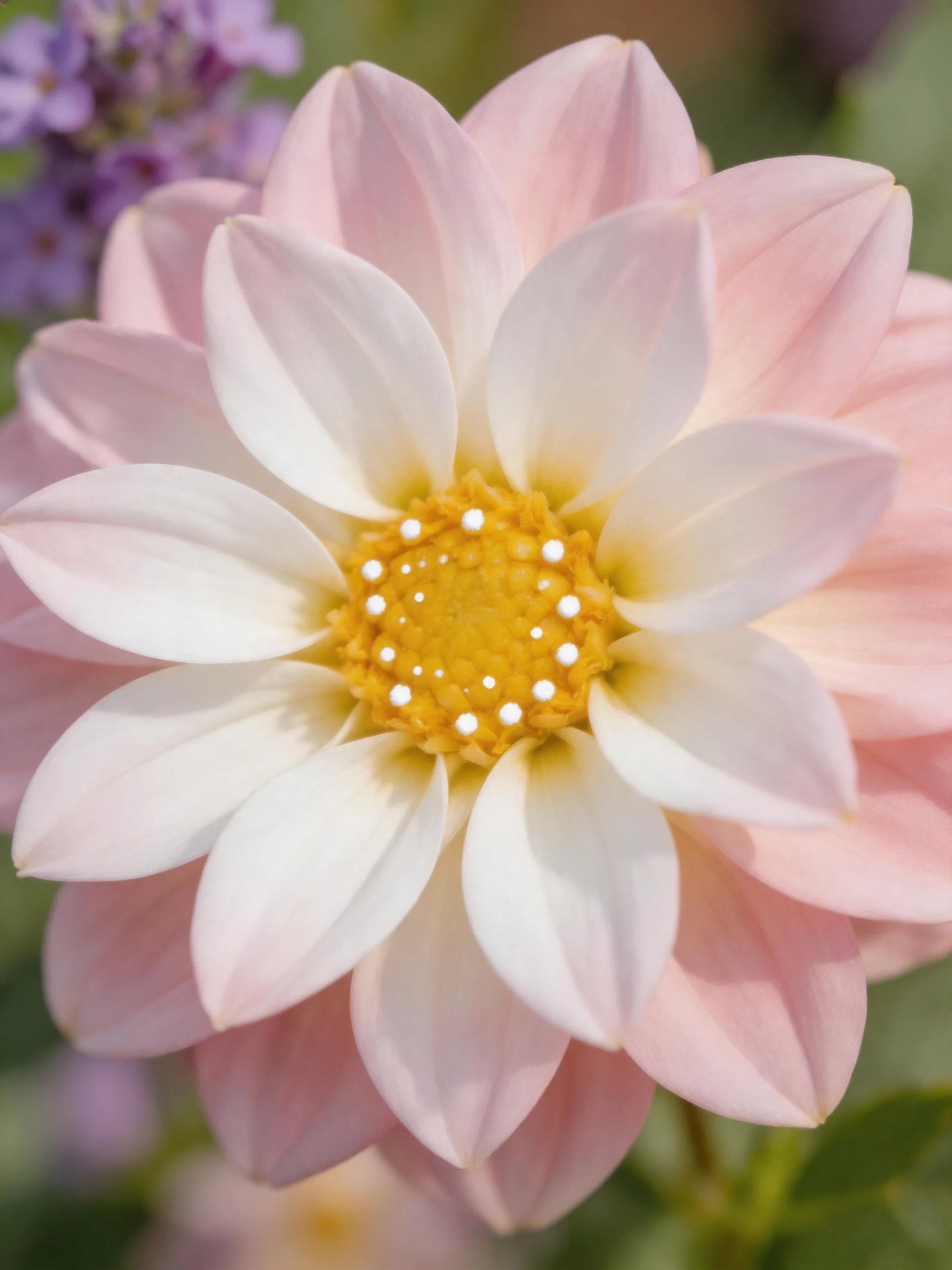 A close-up of a pink and white dahlia with layered petals and a golden center