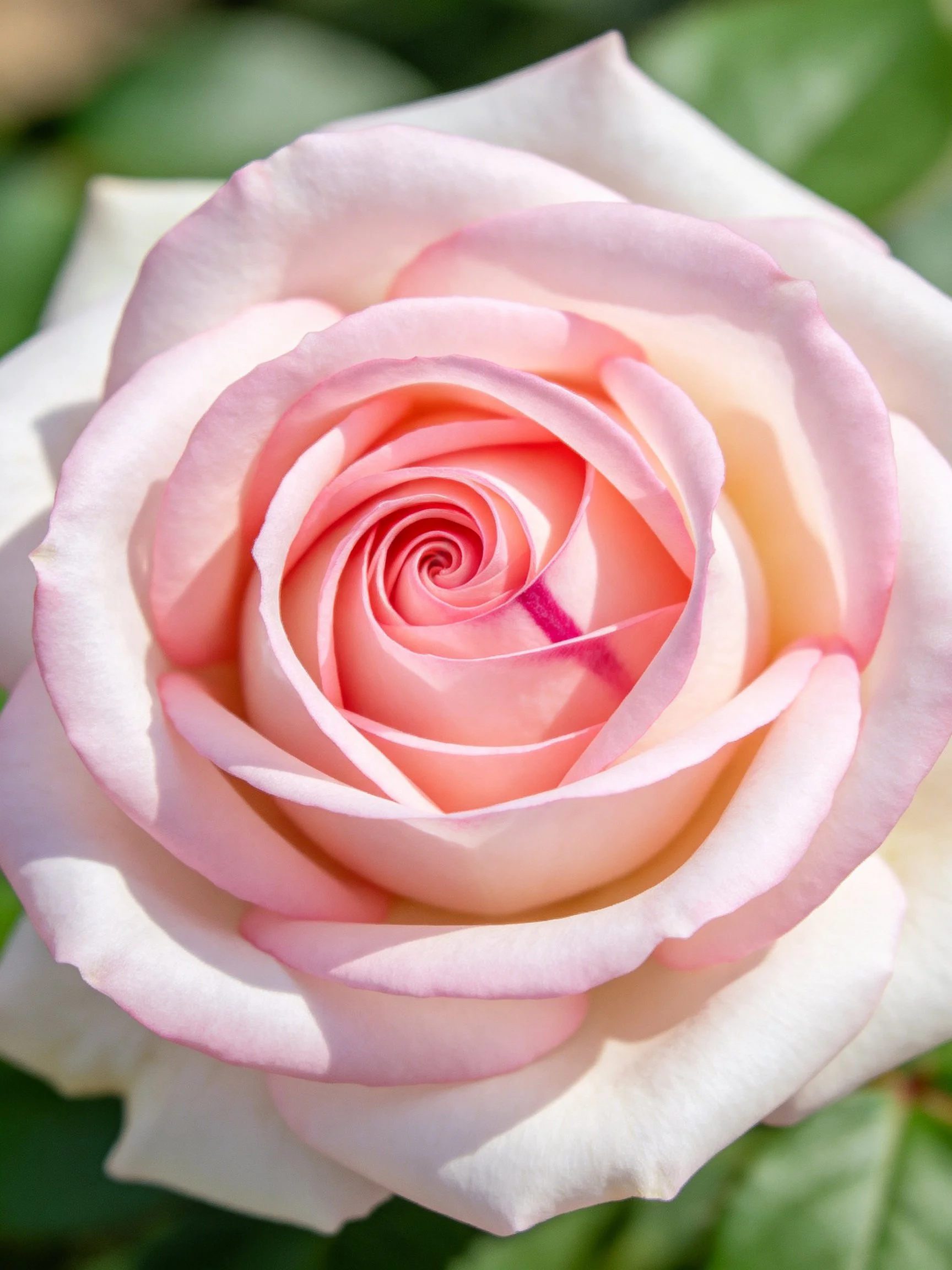 A close - up of a pink and white rose with layered spiraling petals