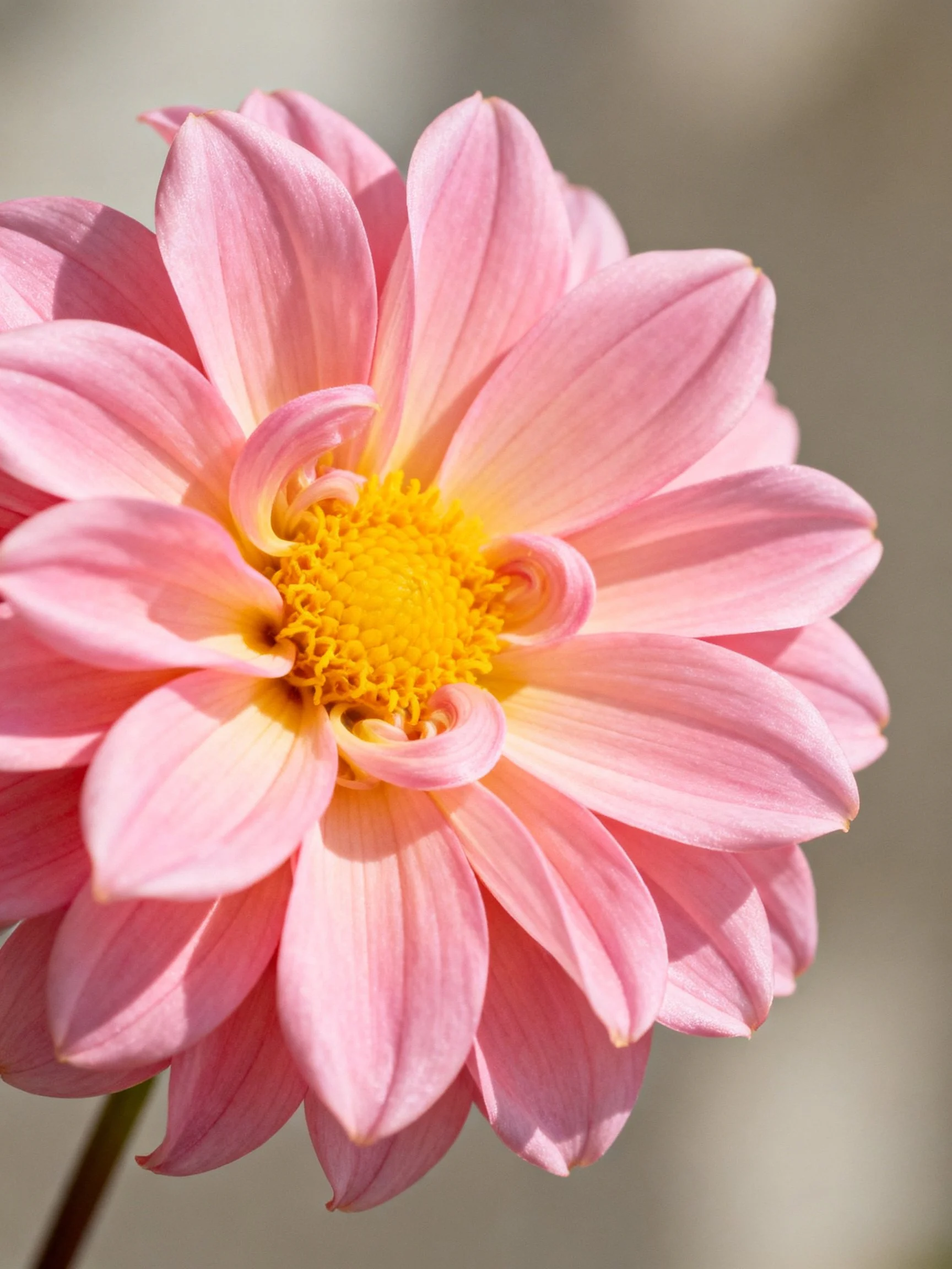 A close - up of a pink dahlia with a bright yellow center