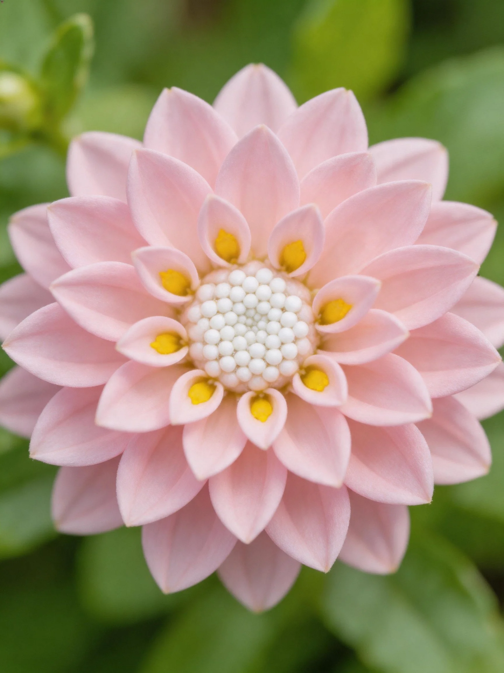 A close - up of a pink dahlia with layered petals and yellow accents