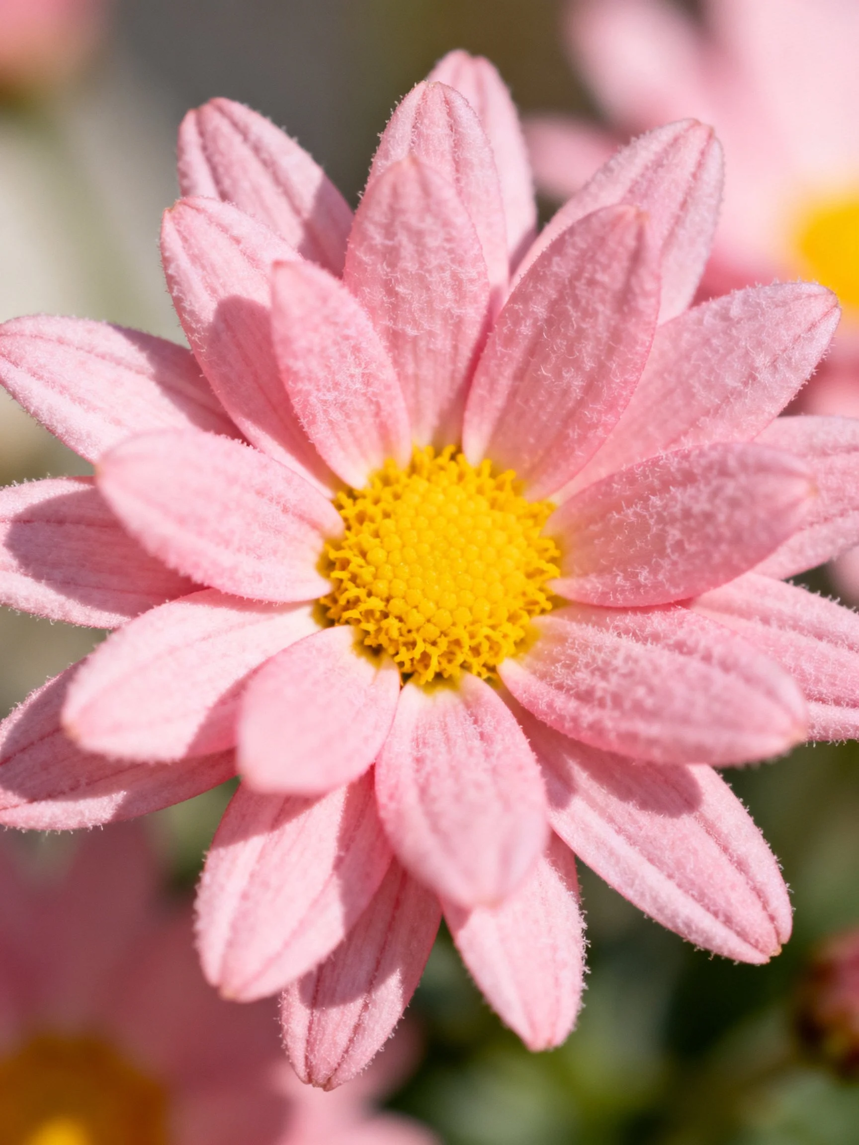 A close - up of a pink daisy with a bright yellow center