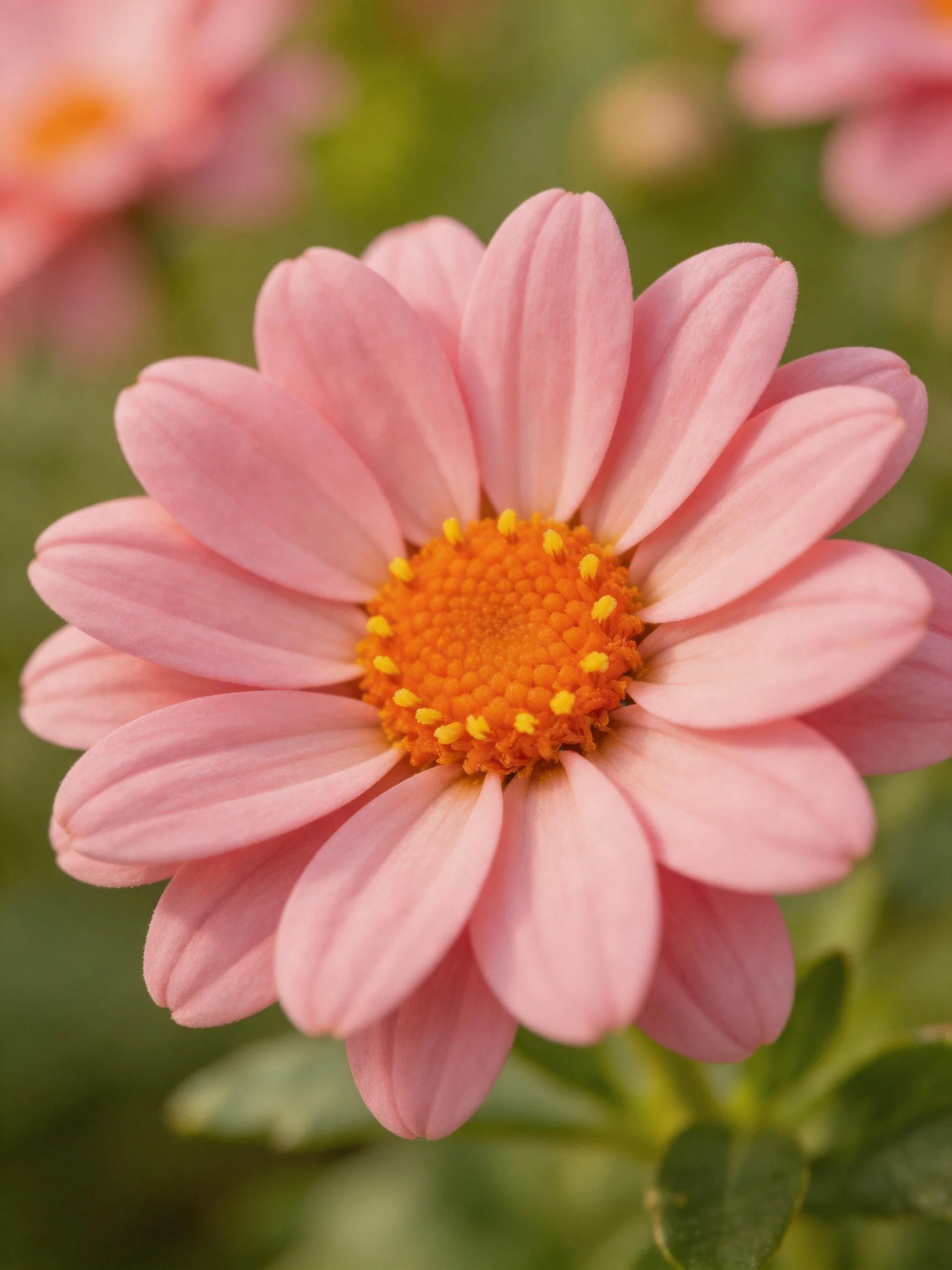 A close - up of a pink daisy with an orange central disc