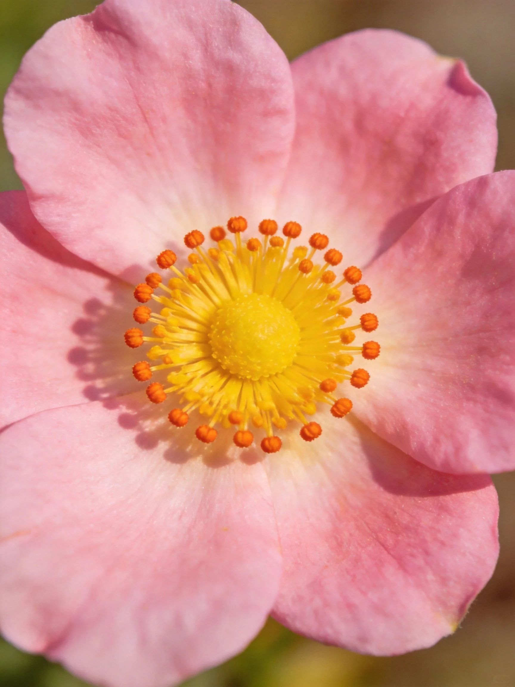 A close - up of a pink flower with yellow center and orange stamens