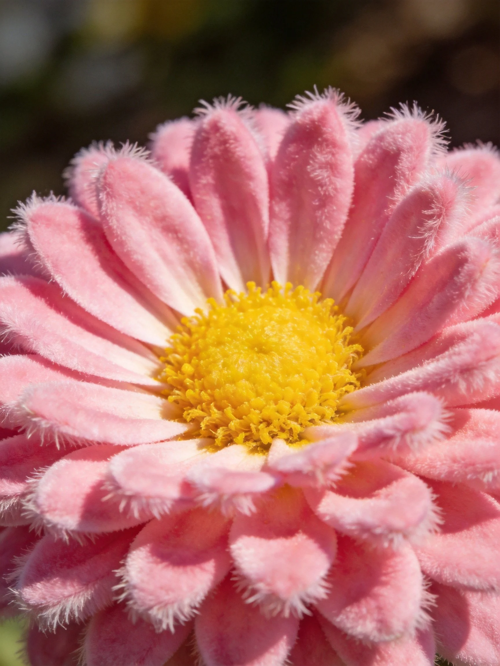 A close-up of a pink, fuzzy flower with a bright yellow center