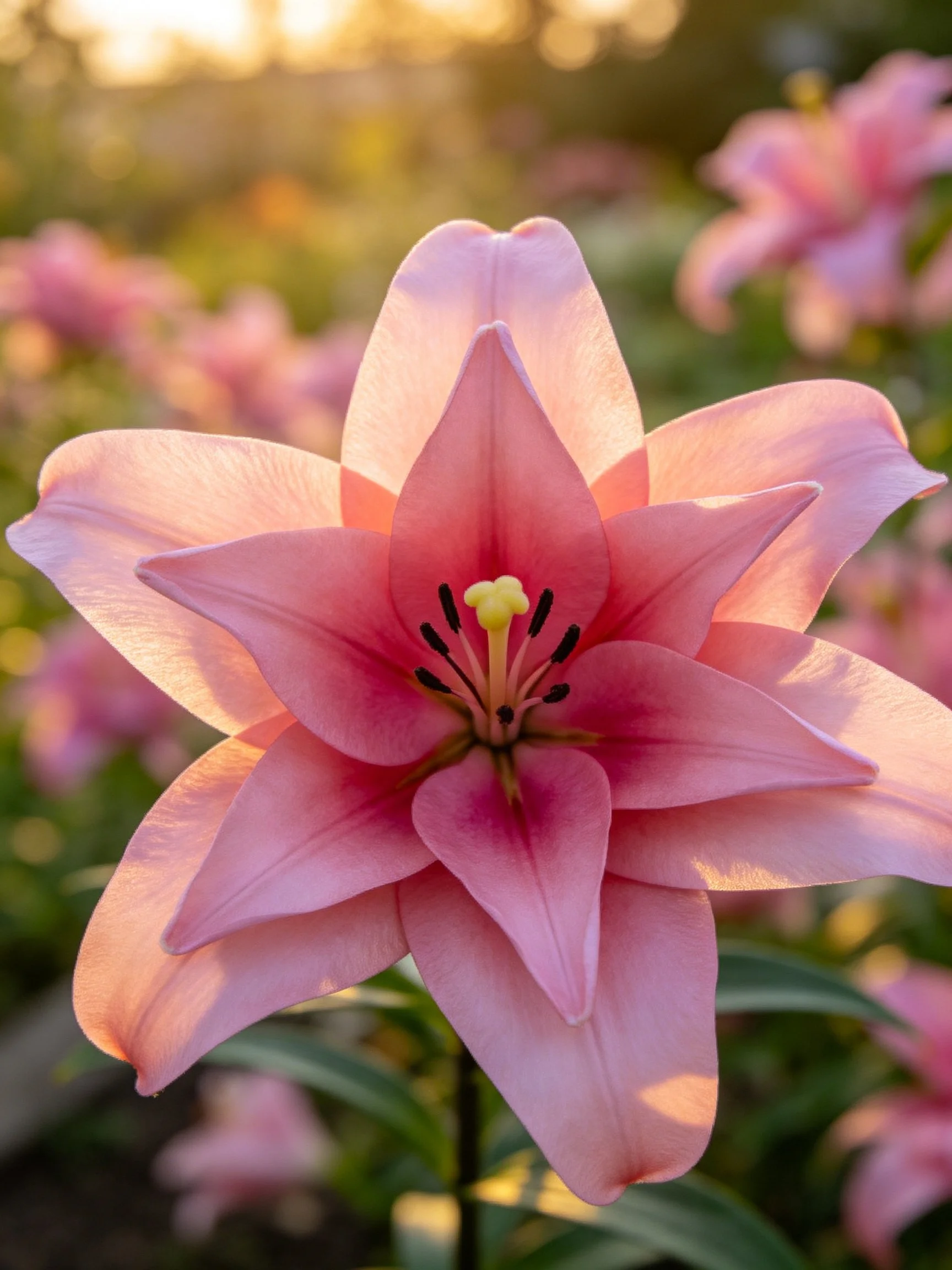 A close - up of a pink lily with layered petals in a sunlit garden
