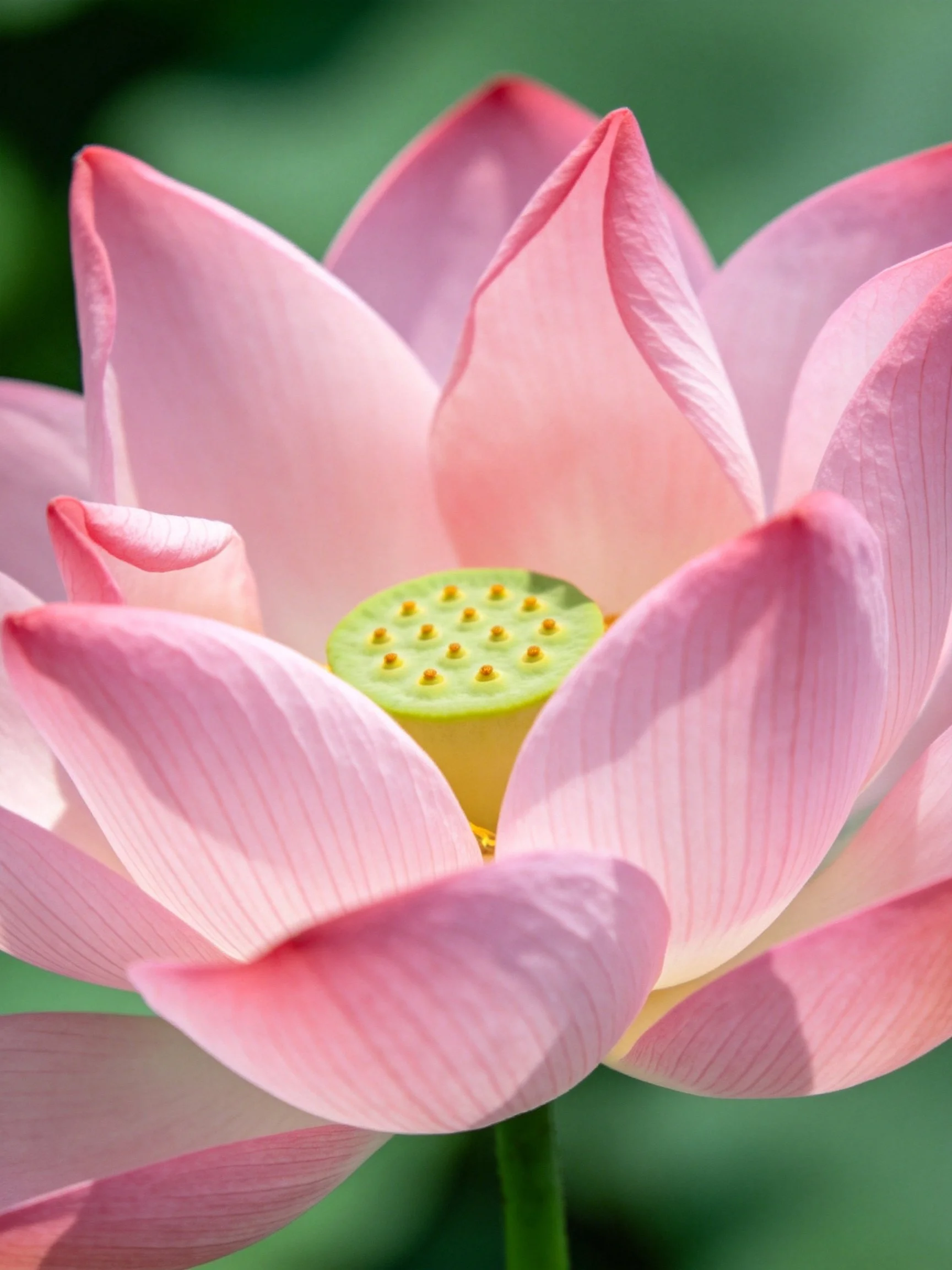 A close - up of a pink lotus flower with green central disk
