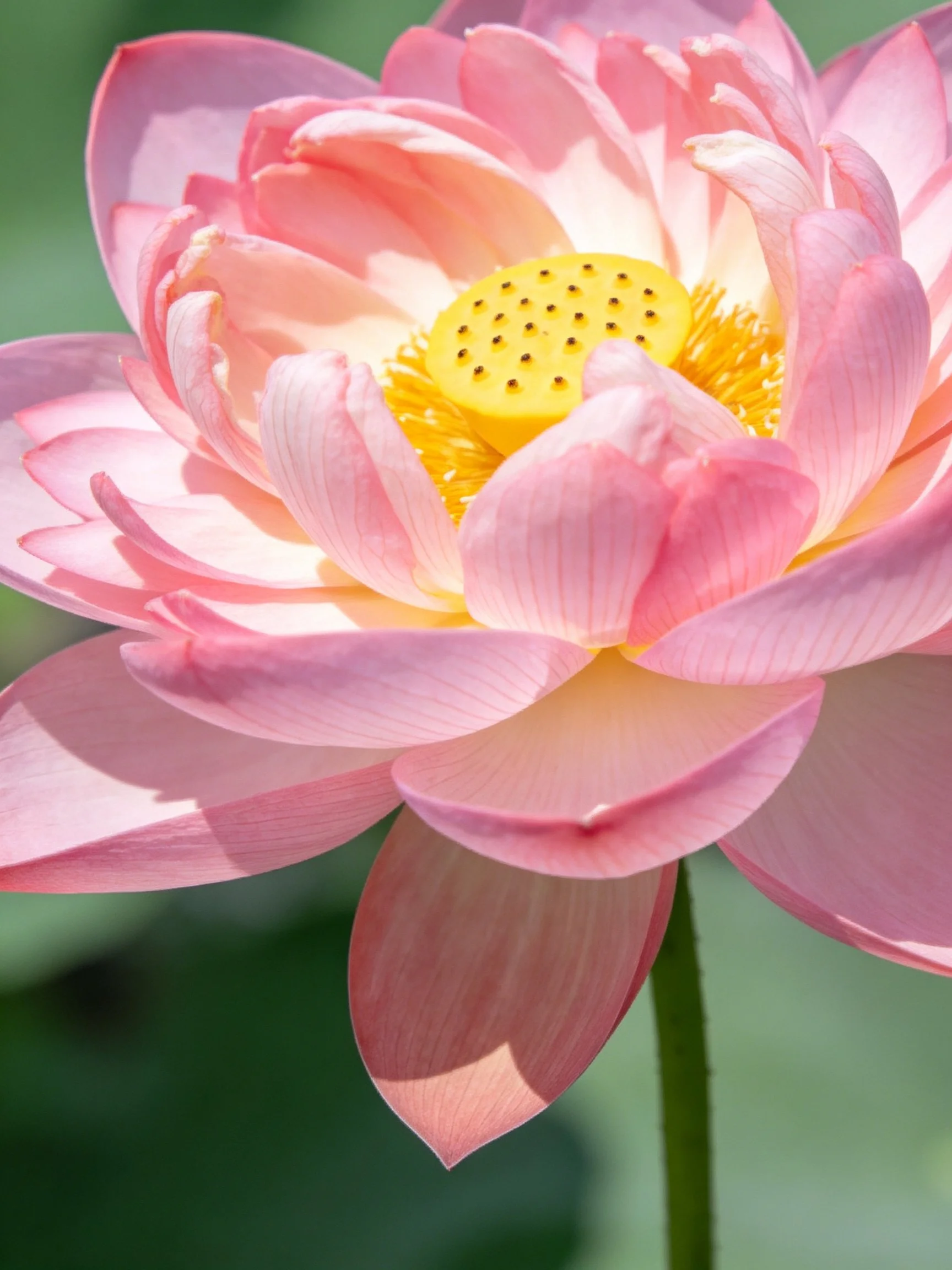 A close - up view of a pink lotus flower with a bright yellow center.