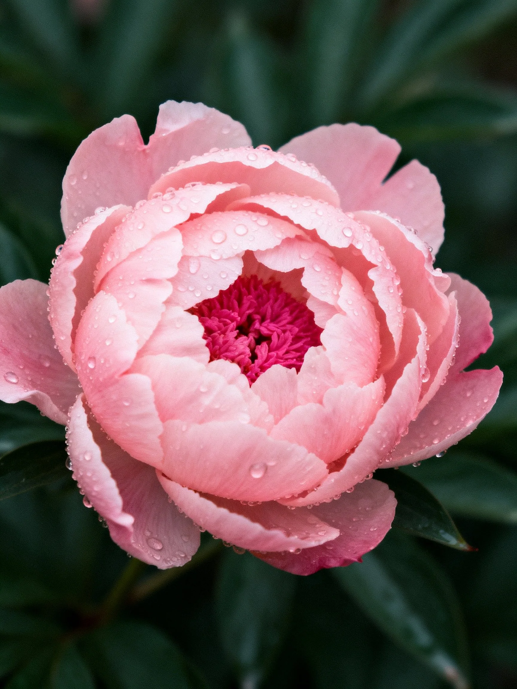 A close - up of a pink peony flower with water droplets