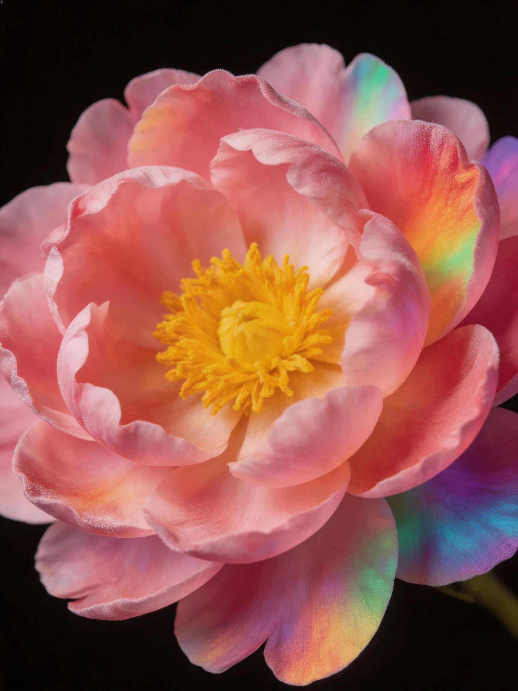 A close - up of a pink peony with rainbow - hued petals and a bright yellow center