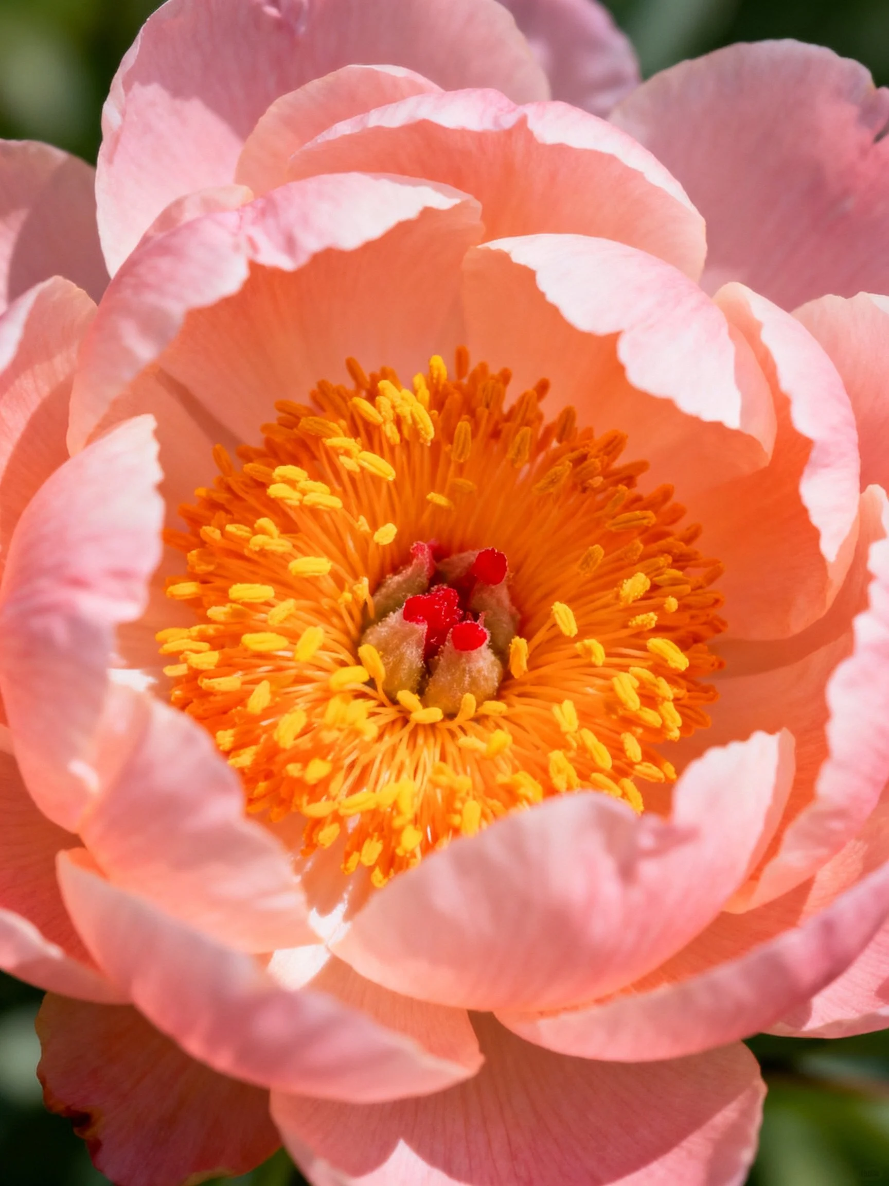 A close - up of a pink peony with vibrant orange - yellow center