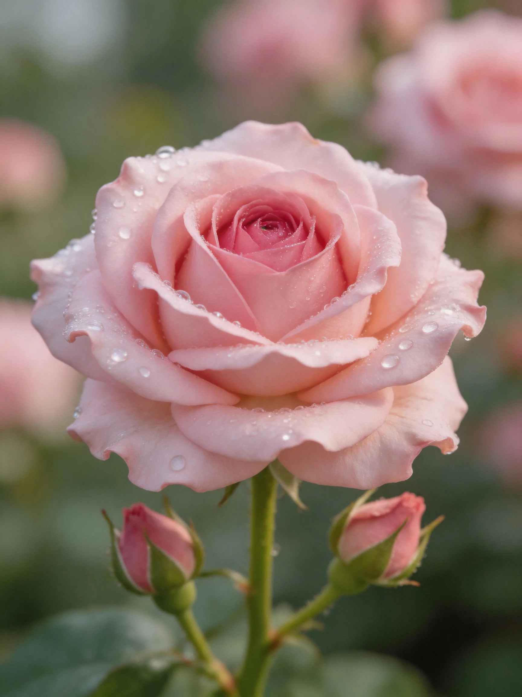 A close - up of a pink rose with water droplets and two rosebuds