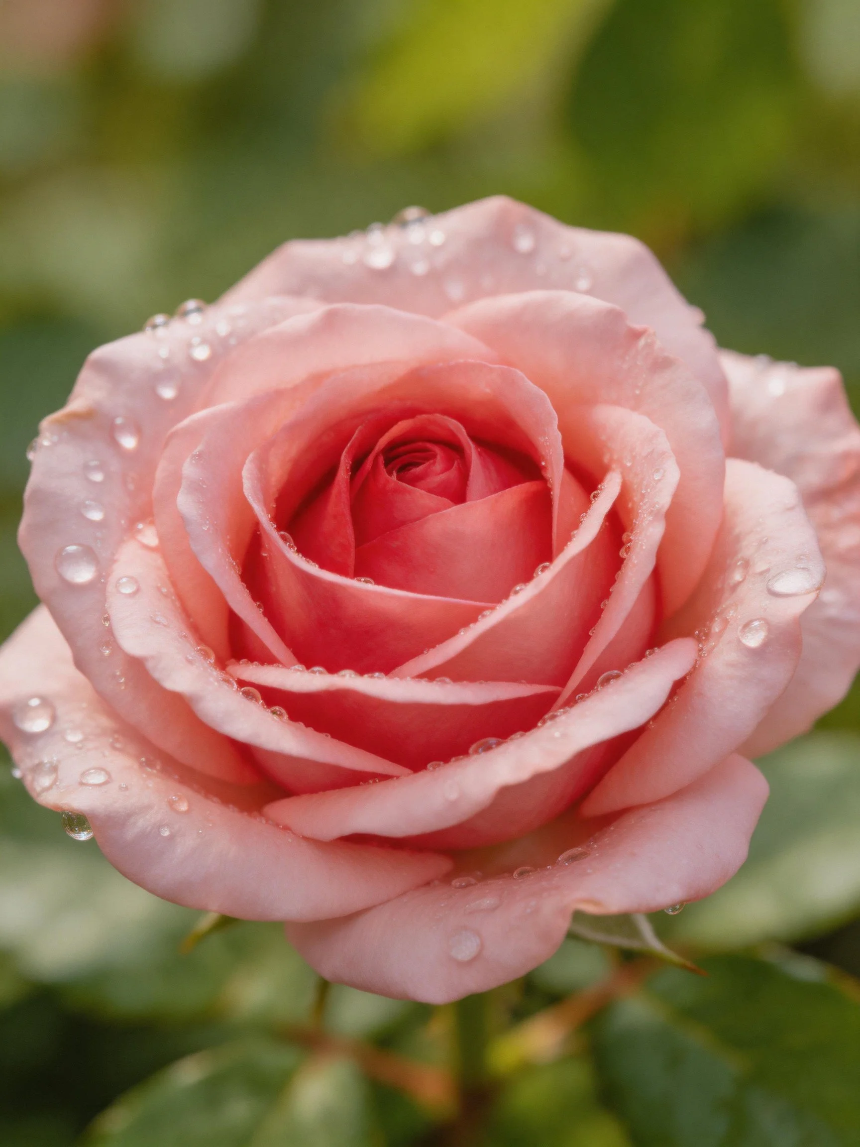 A close - up of a pink rose with water droplets