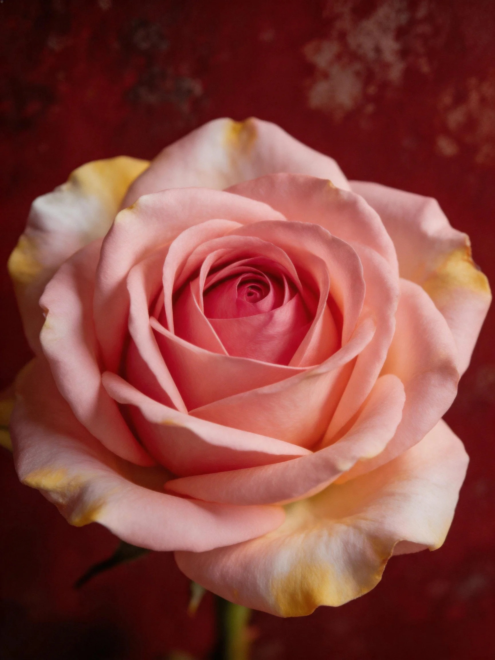 A close-up of a pink rose with yellow-tipped petals on a deep red backdrop