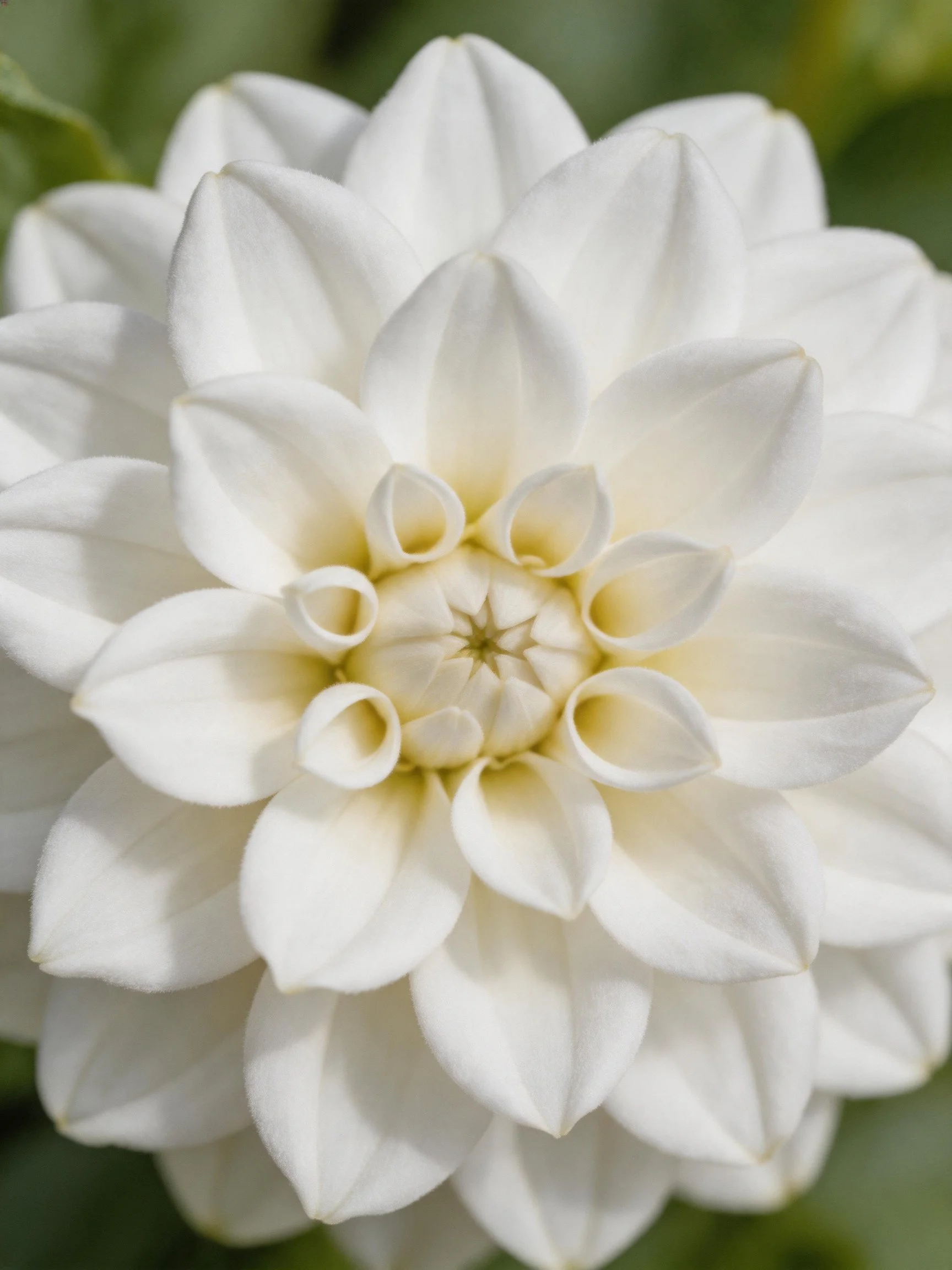 A close-up of a pristine white dahlia with layered petals
