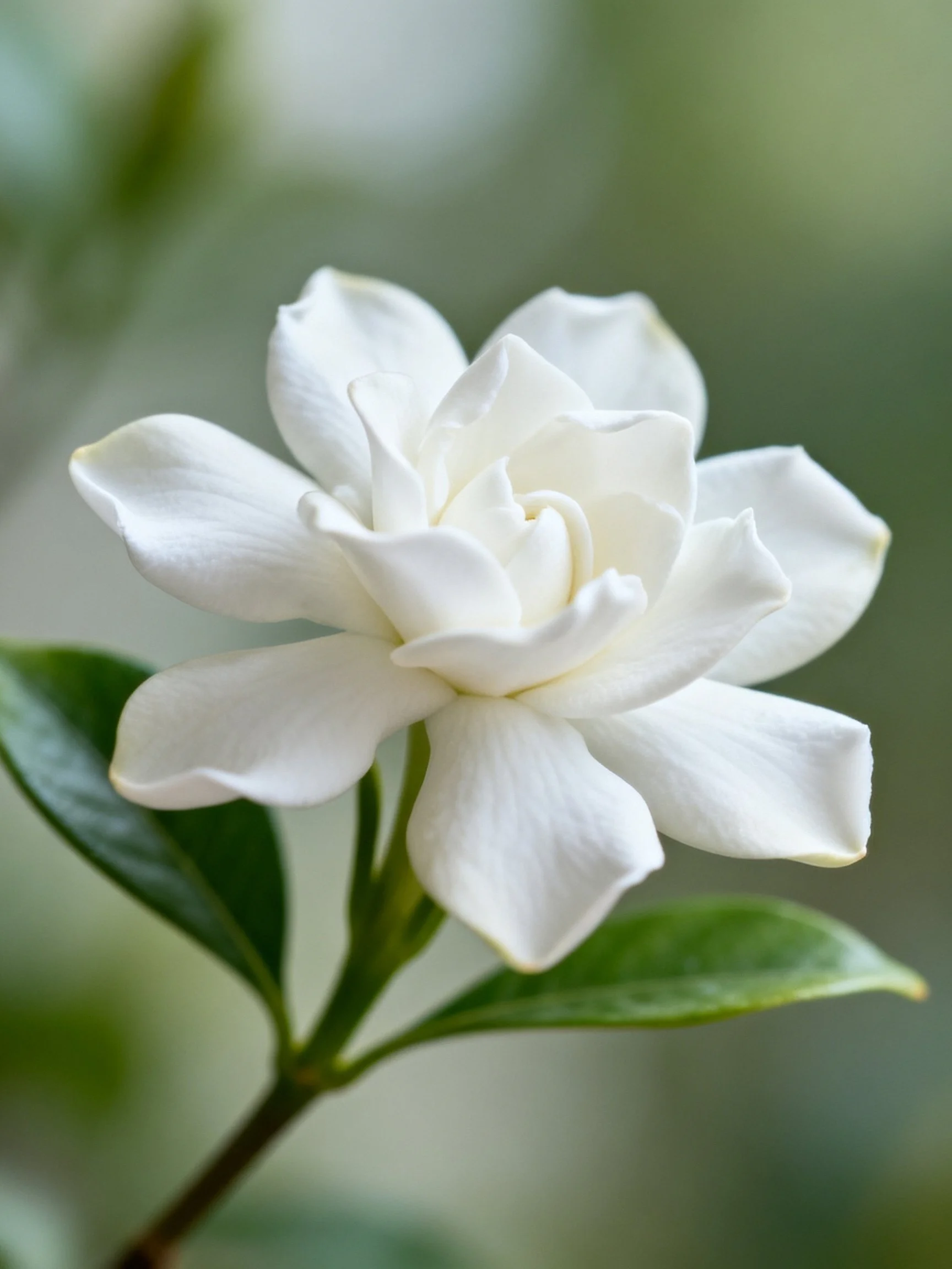 A close - up of a pristine white gardenia with lush green leaves