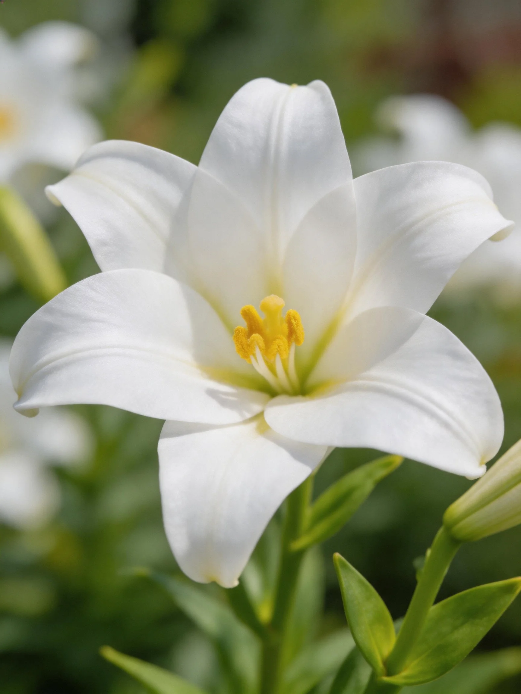 A close - up of a pristine white lily with golden stamens