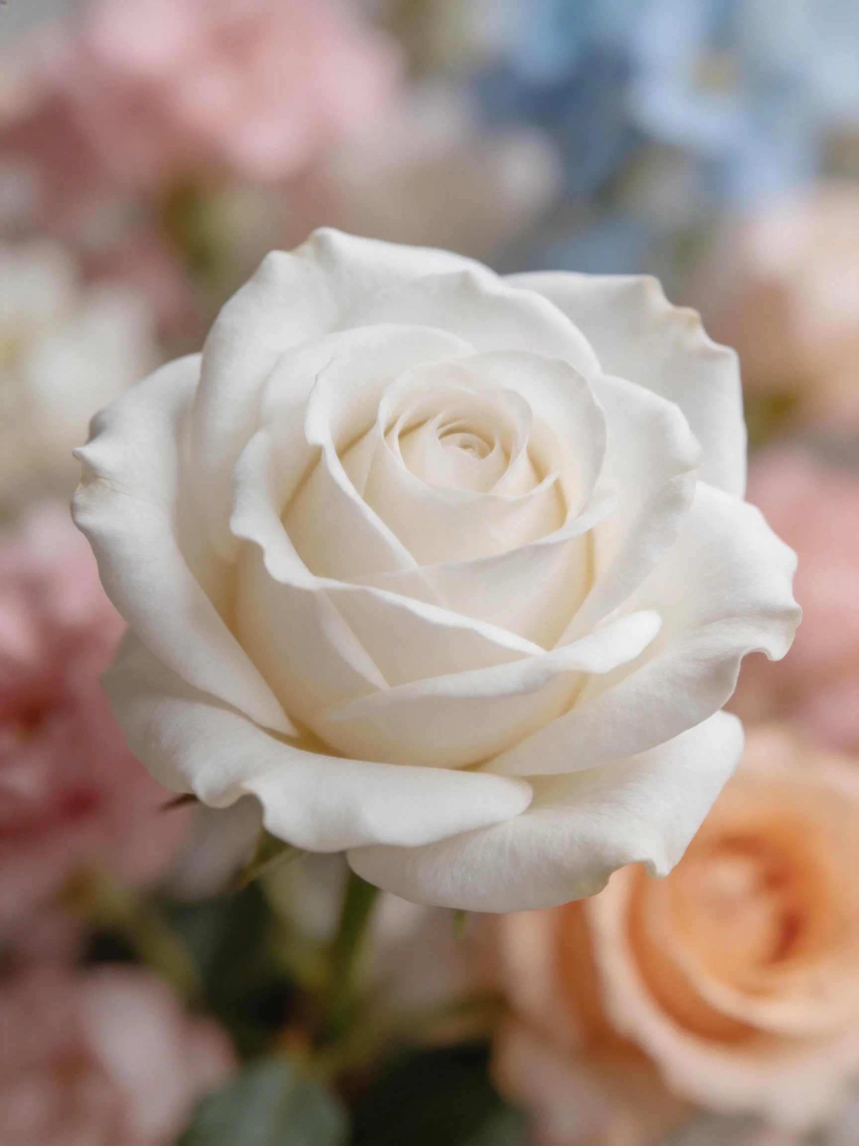 A close - up of a pristine white rose surrounded by blurred pastel flowers