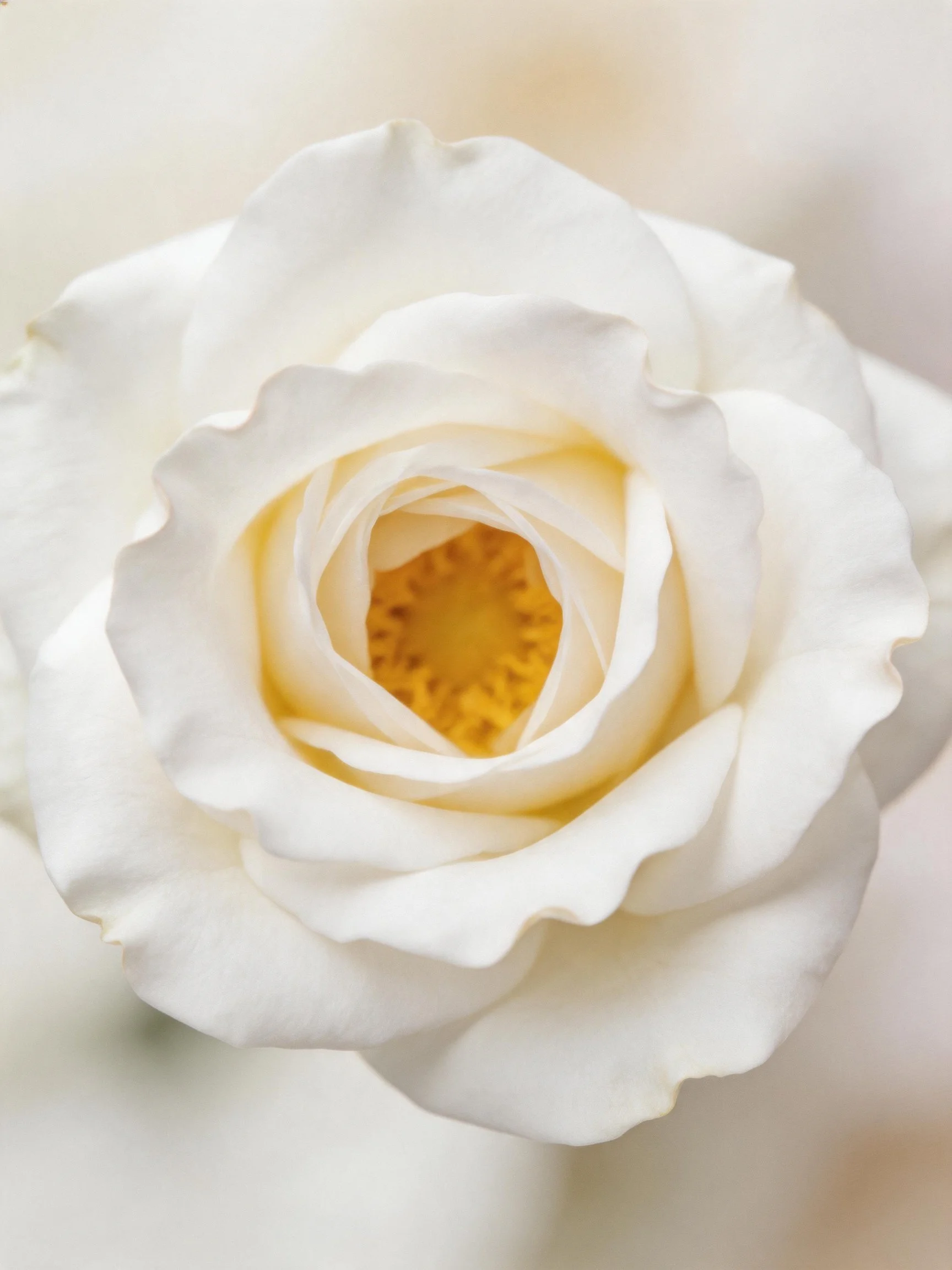 A close - up of a pristine white rose with a golden center
