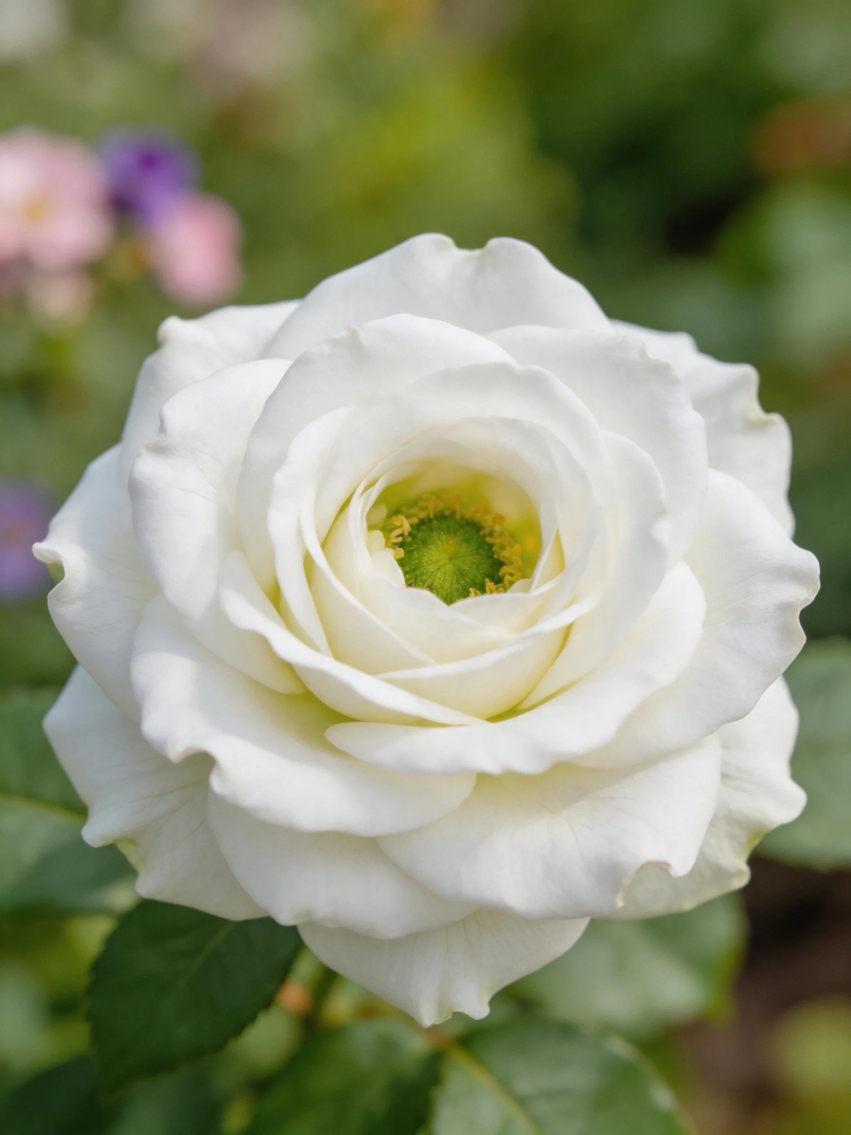 A close - up of a pristine white rose with layered petals