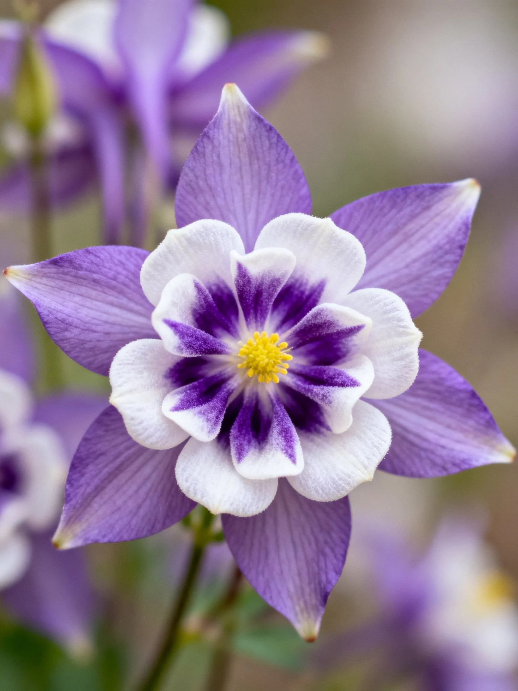 A close - up of a purple and white columbine flower with layered petals