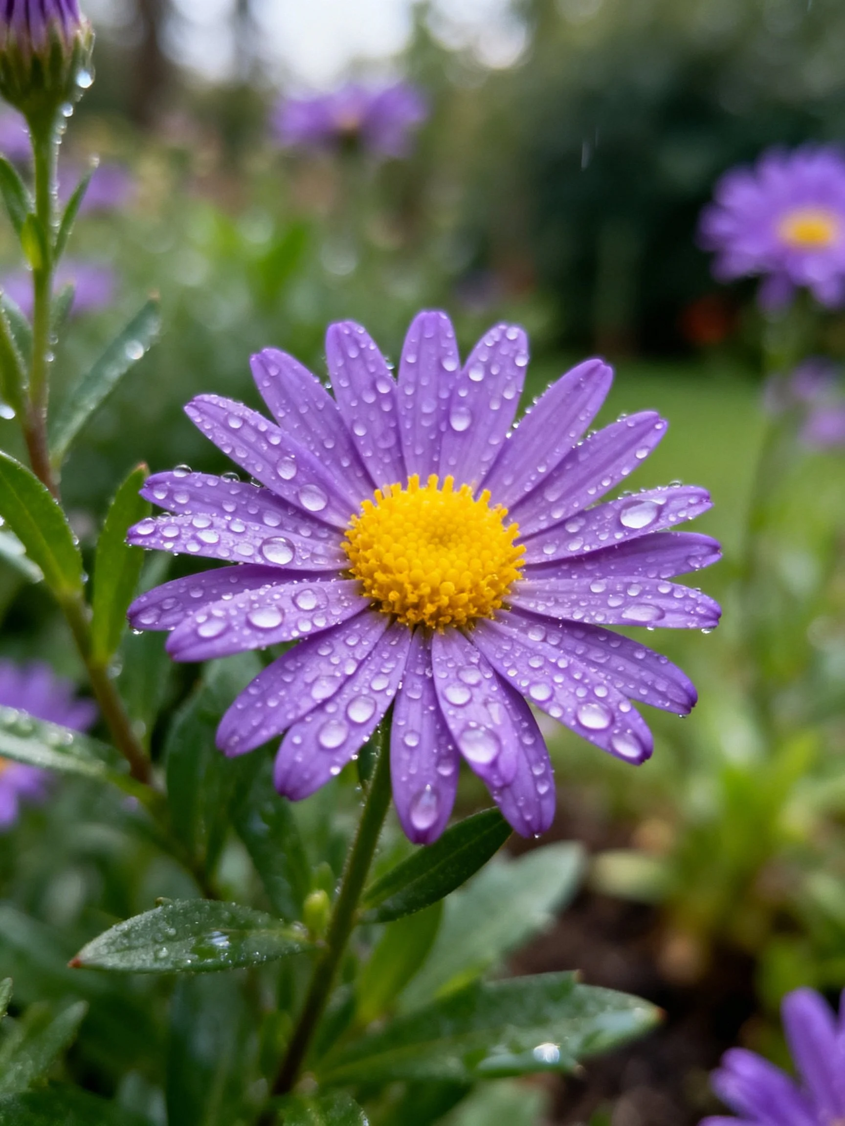 A close - up of a purple aster with water droplets and a yellow center