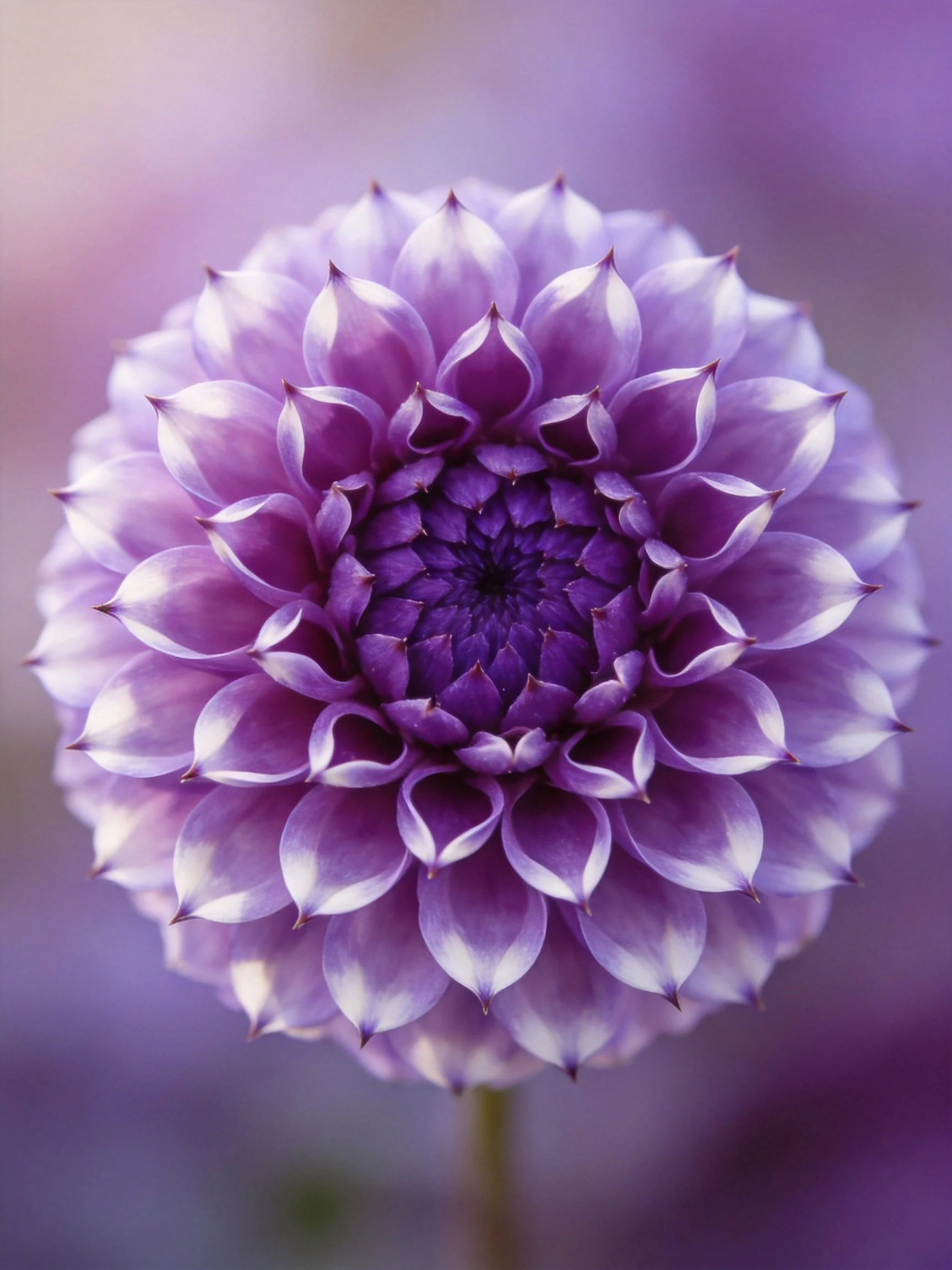 A close - up of a purple dahlia displays layered petals against a blurred backdrop.