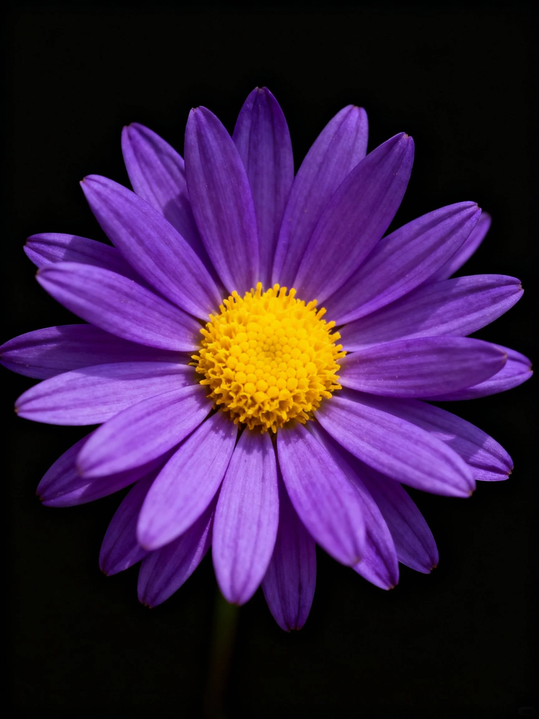 A close - up of a purple daisy with a vivid yellow center