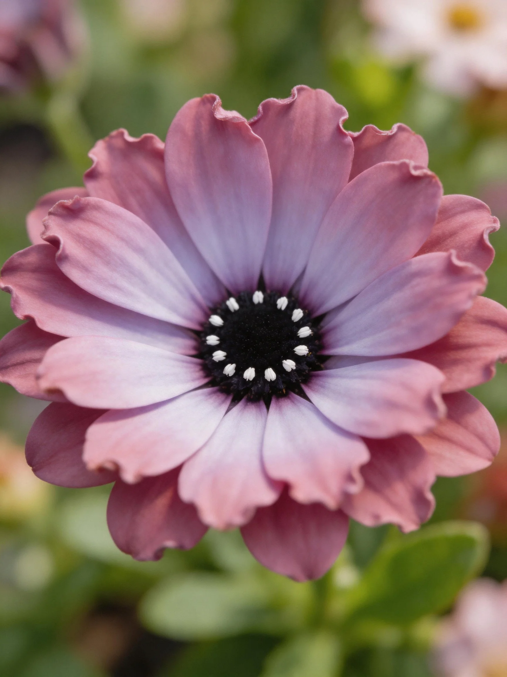 A close-up of a purple-pink flower with layered petals and dark center
