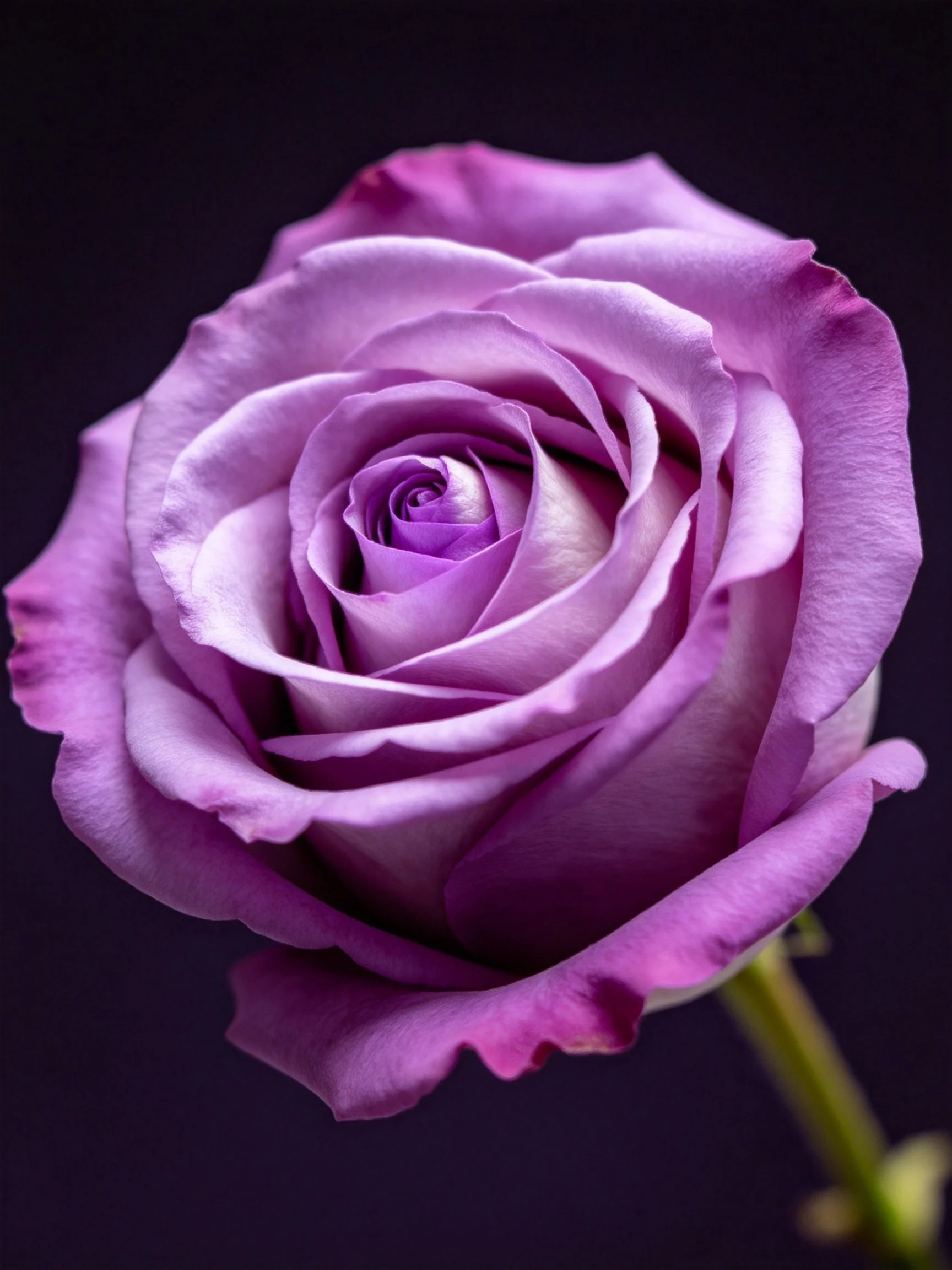 A close - up of a purple rose with layered petals on a dark background