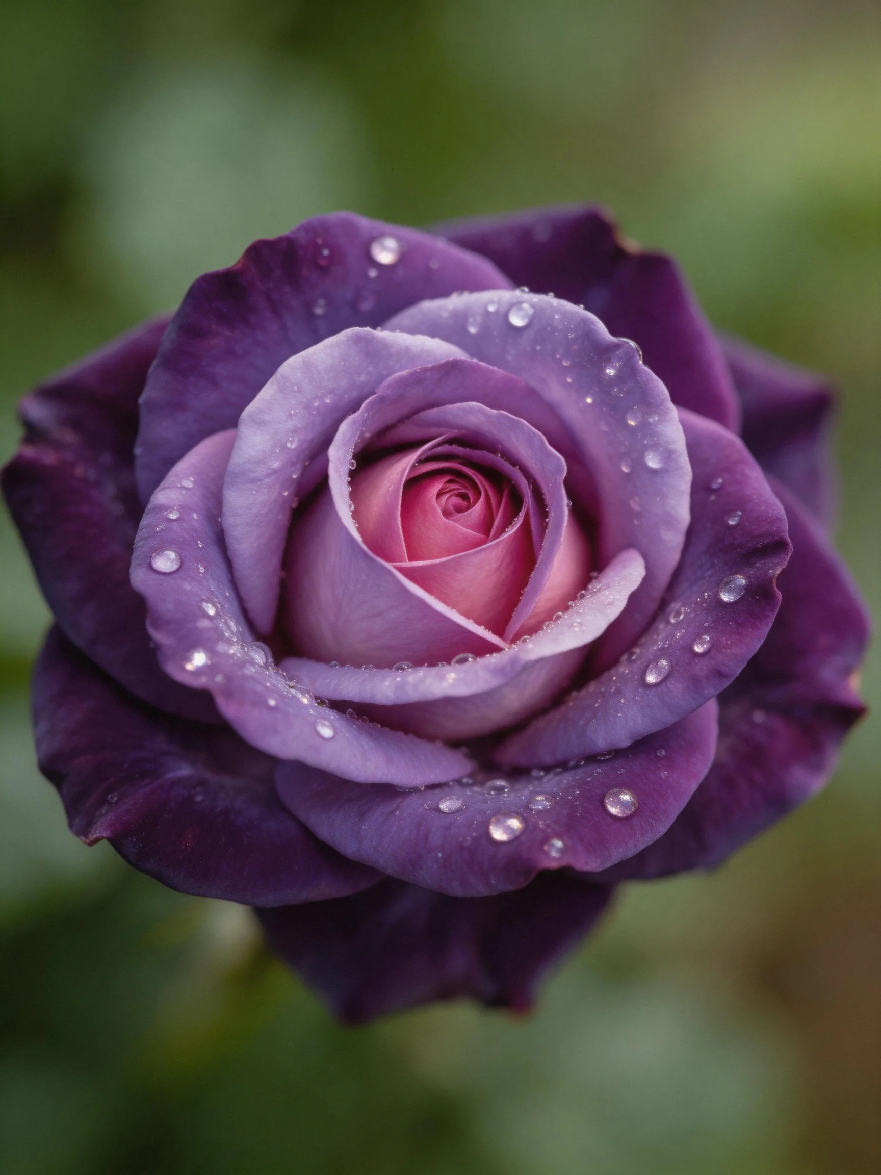 A close - up of a purple rose with water droplets