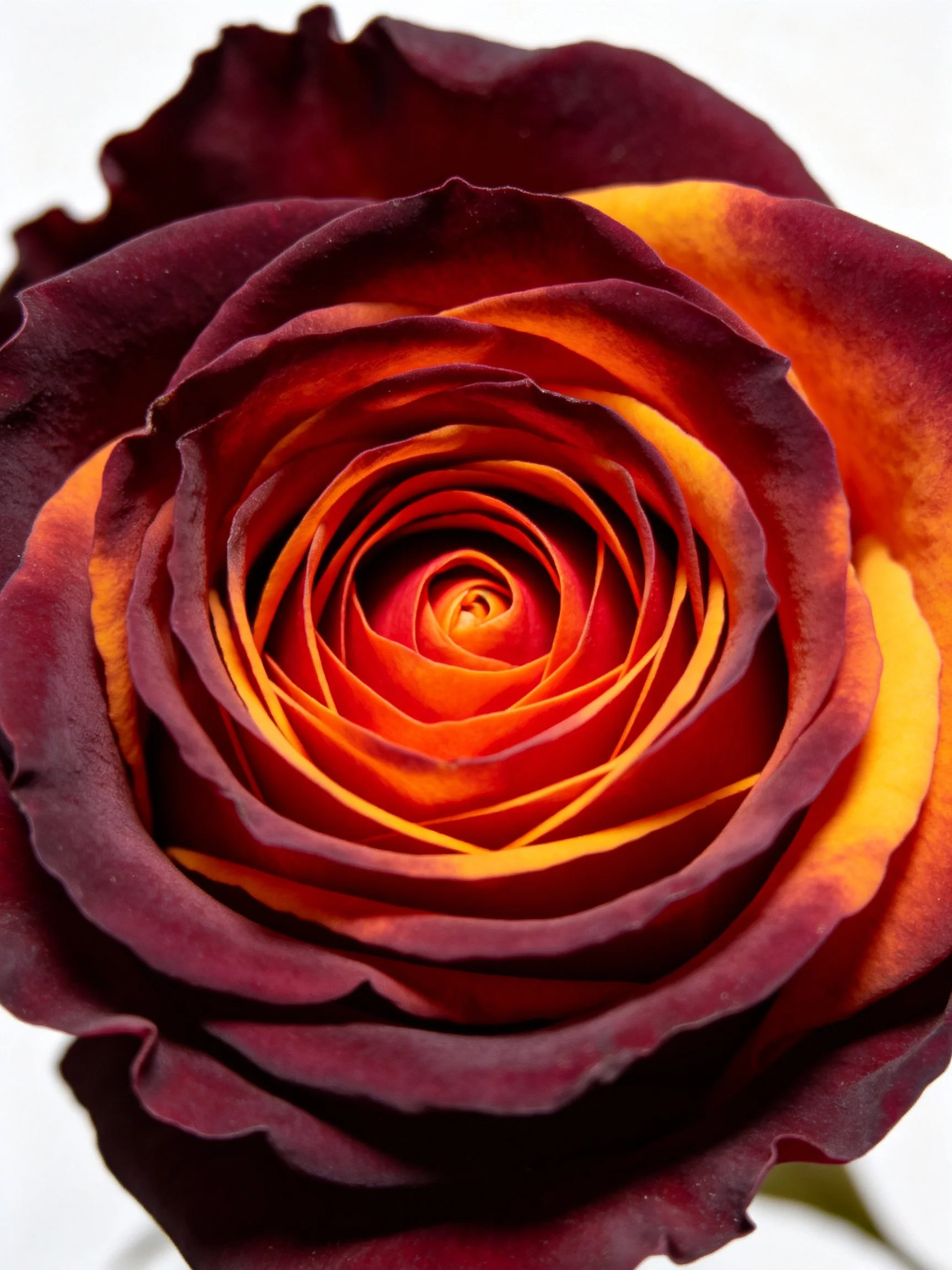 A close - up of a rose with burgundy and orange petals spiraling inward.