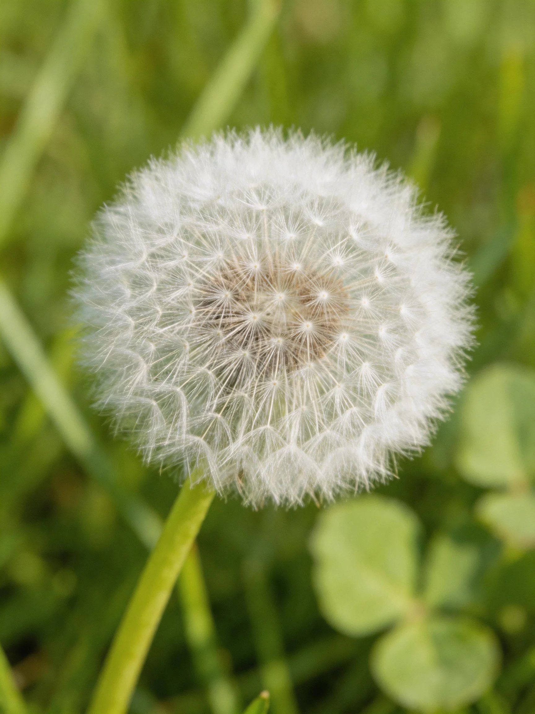 A close - up of a round white dandelion seed head amid green foliage