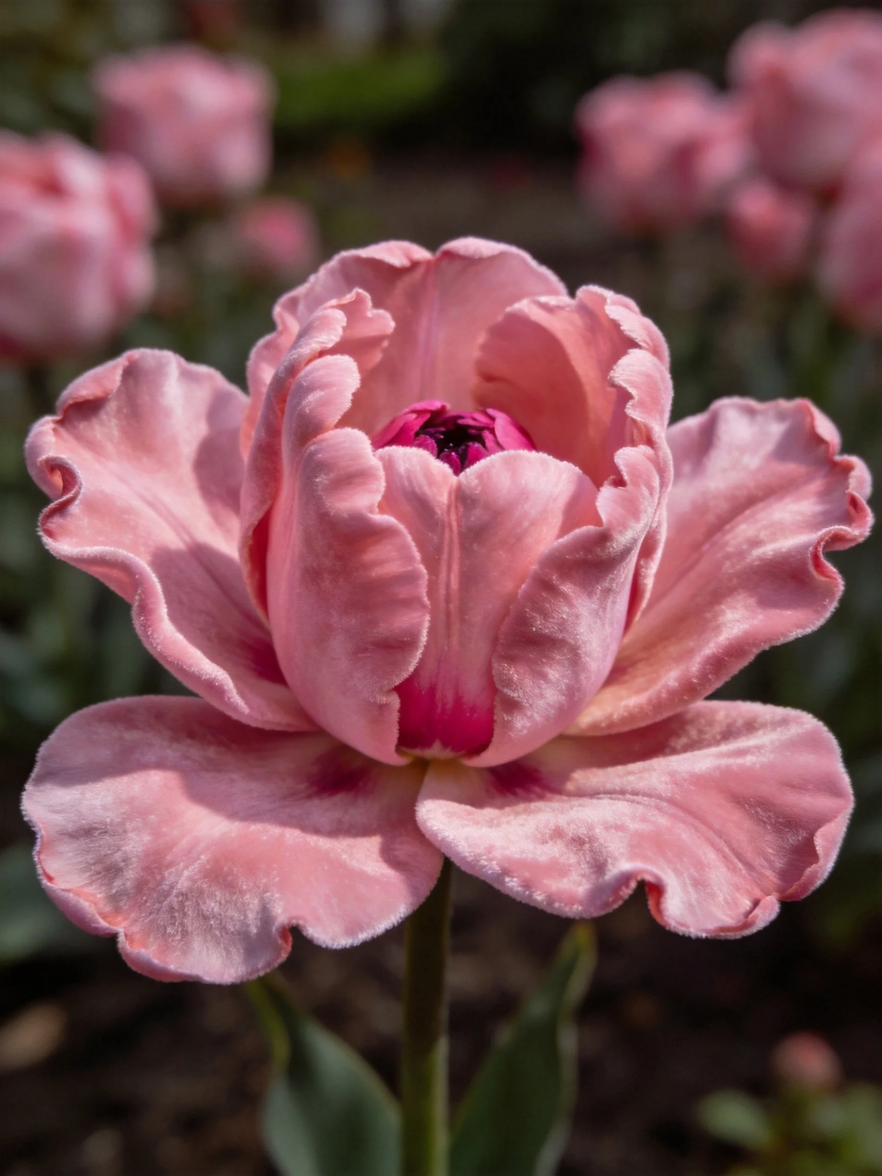 A close - up of a ruffled pink tulip with layered petals
