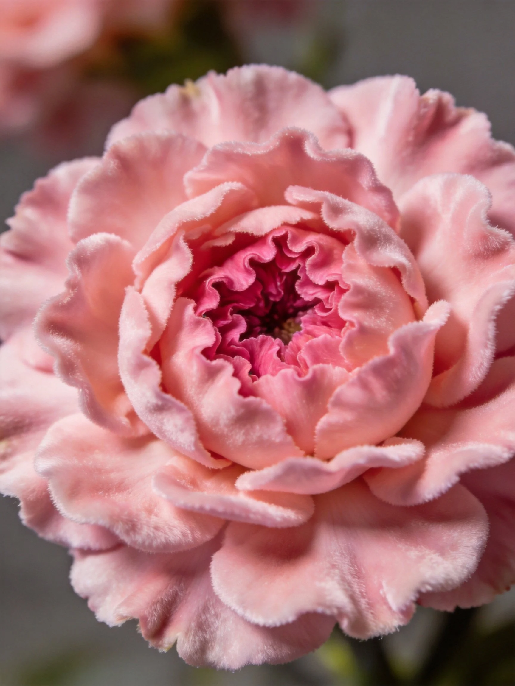 A close-up of a soft pink carnation with layered petals