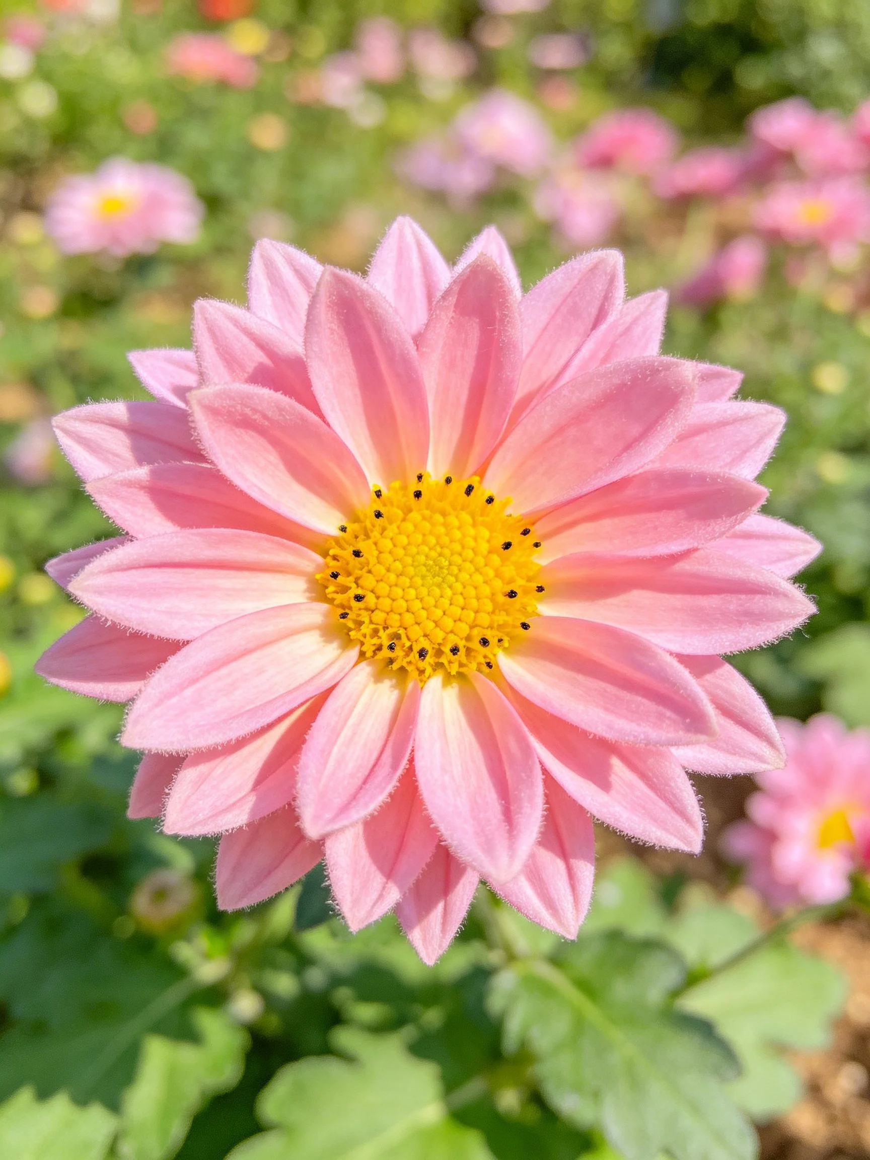 A close - up of a soft pink dahlia with a bright yellow center