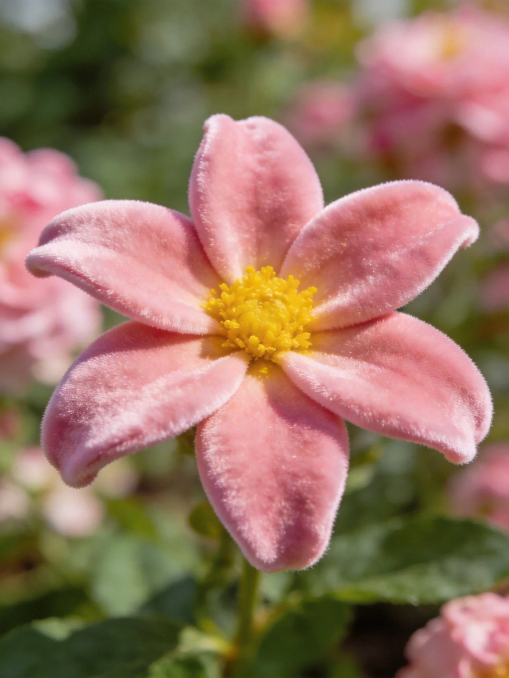 A close - up of a soft pink flower with a bright yellow center