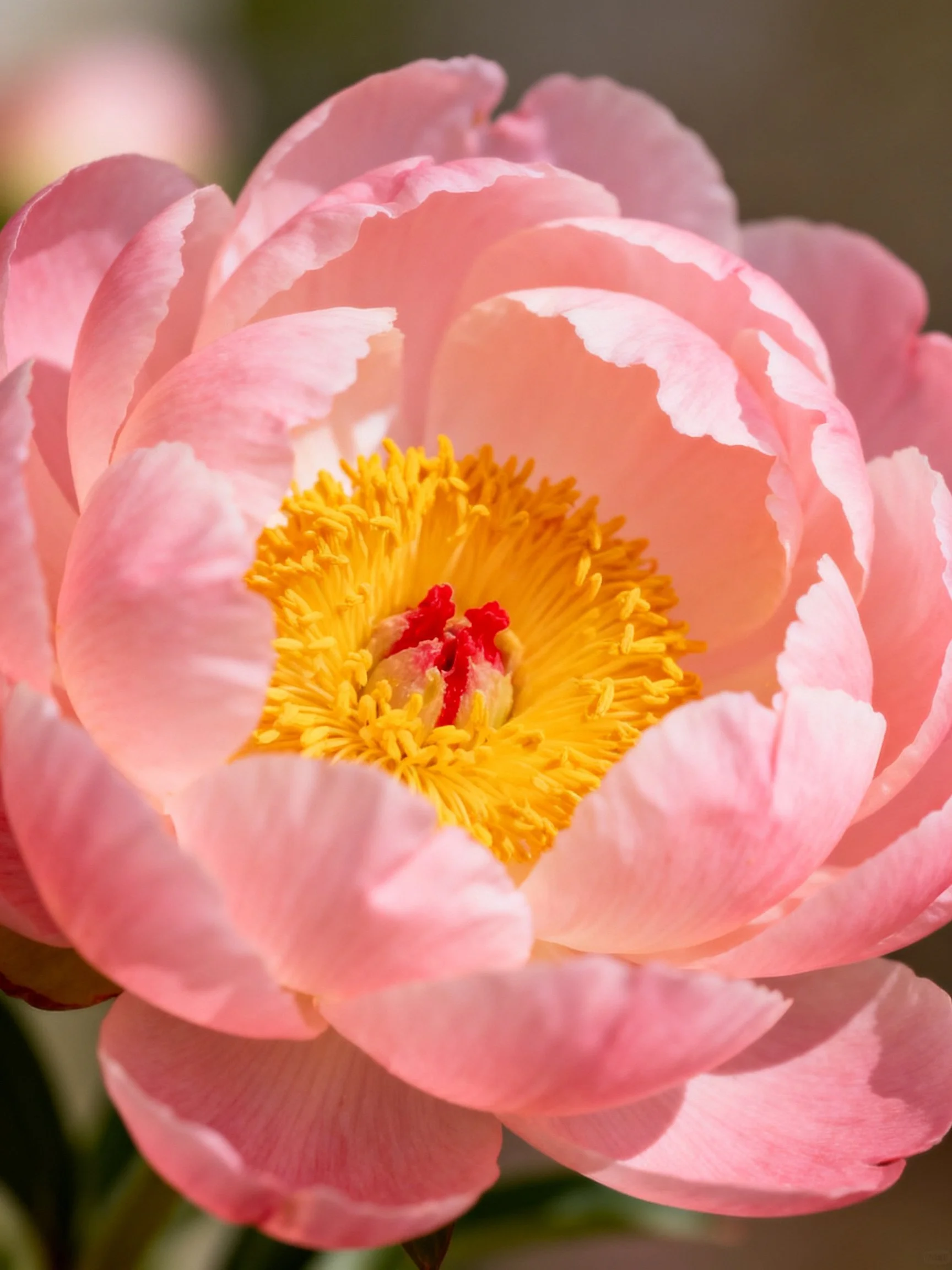 A close - up of a soft pink peony with vibrant yellow center