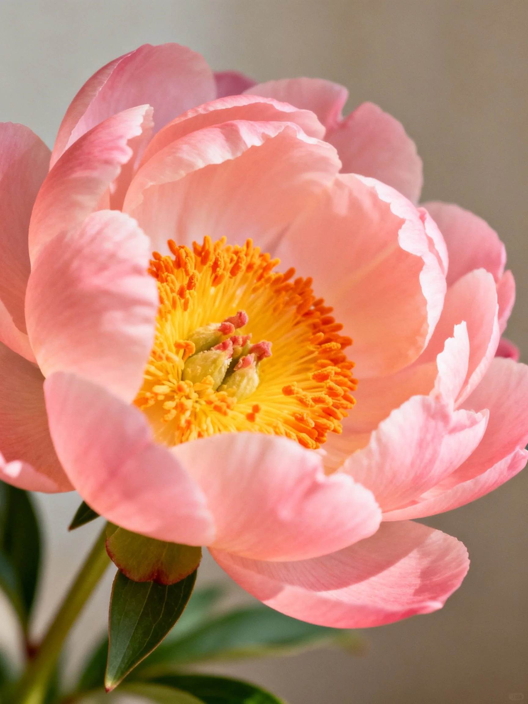 A close-up of a soft pink peony with vibrant yellow-orange center