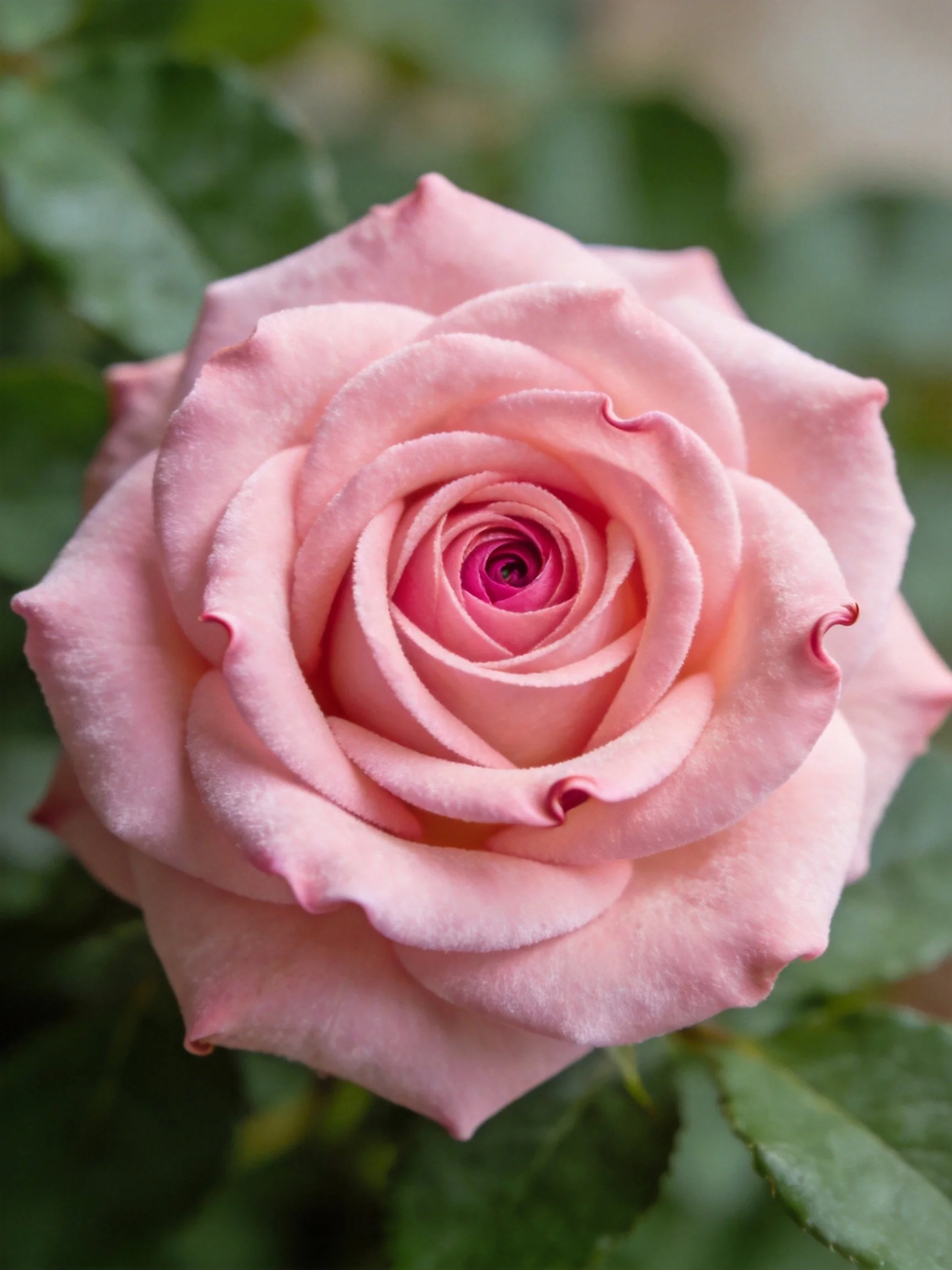 A close - up of a soft pink rose with green foliage