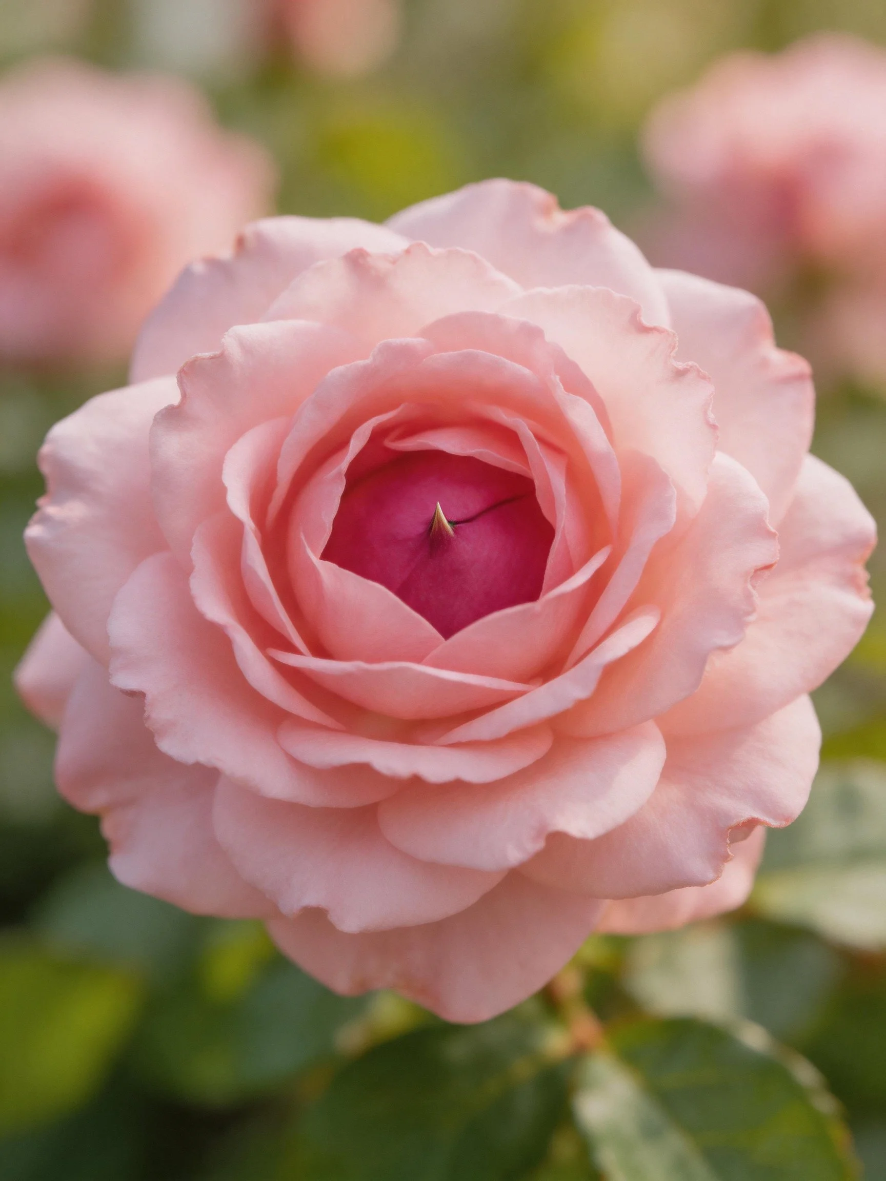 A close-up of a soft pink rose with layered petals and a magenta center